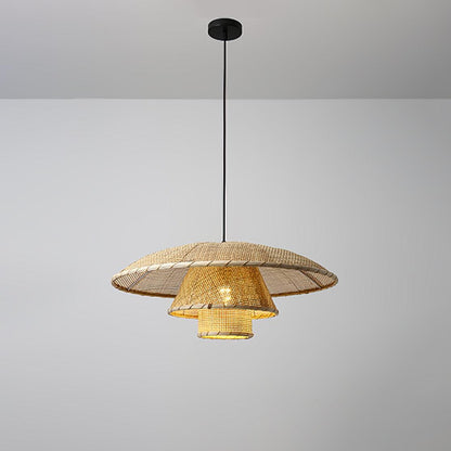 Hat Weave Rattan Contemporary Metal Pendant Lamp