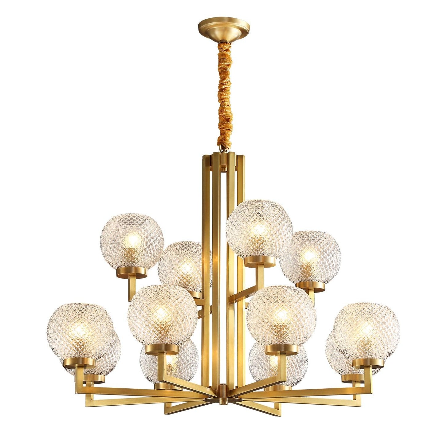 Ribbed Brass Mid-century Crystal Chandelier