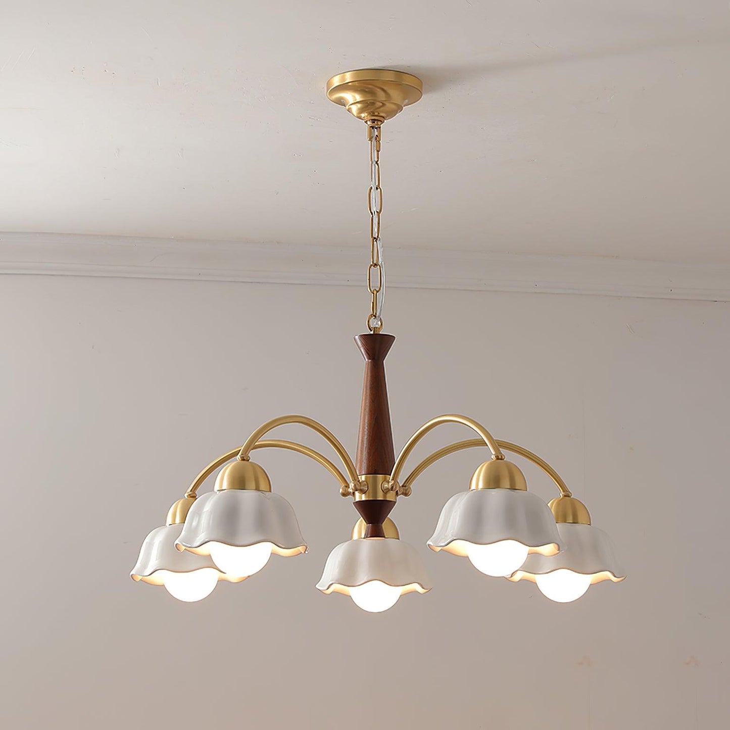 Swedish Brass Modern Wood Chandelier