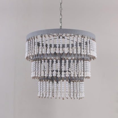 Three Tiered Wood Beaded Bohemian Metal Chandelier