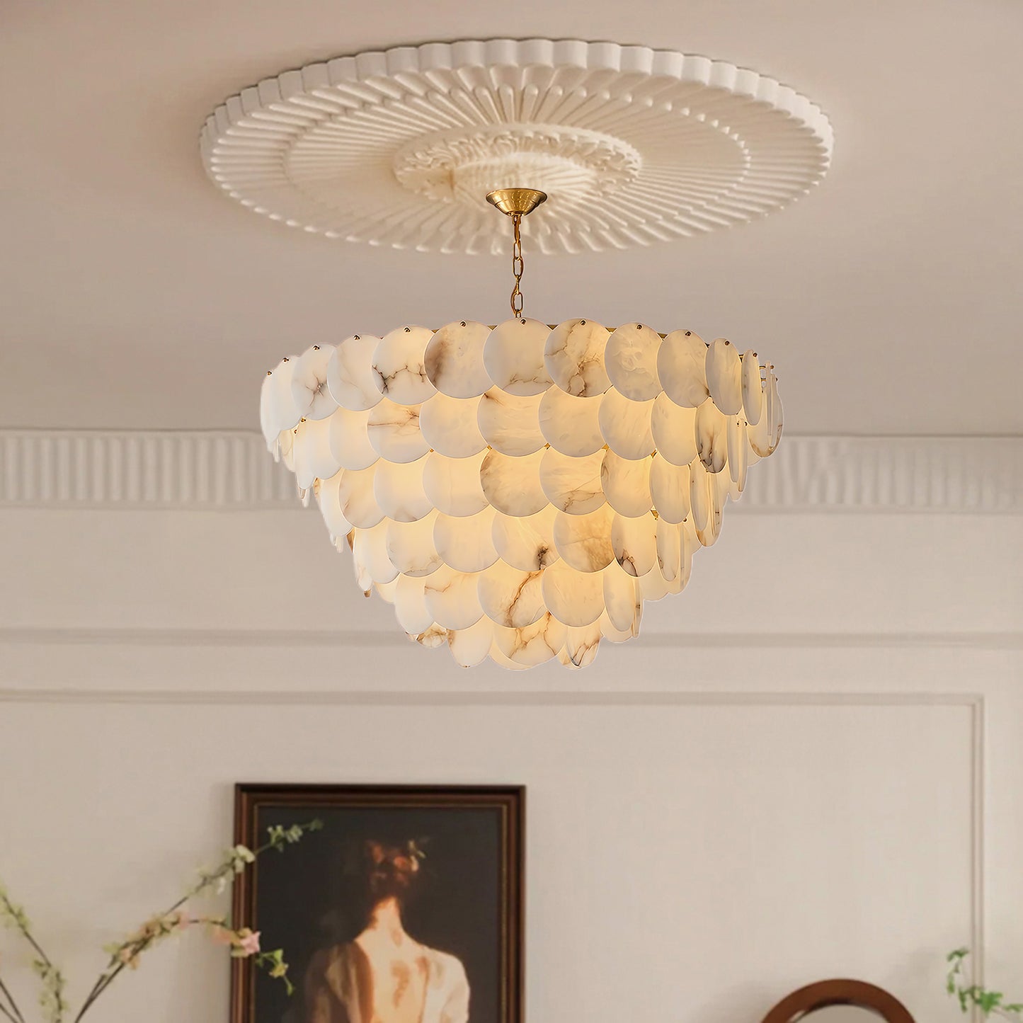 Alabaster Shell Classic Brass Chandelier