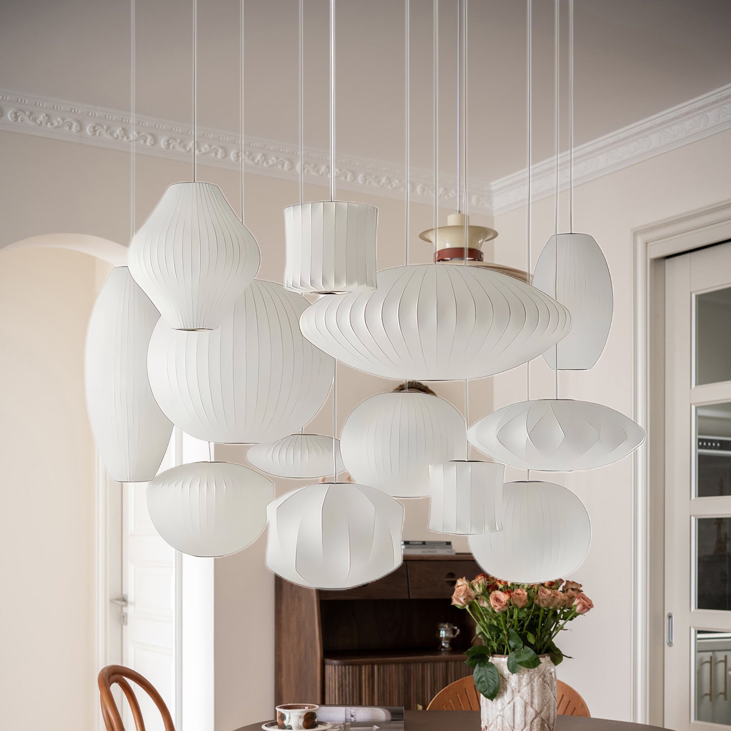 Bubble Mulberry Silk Eclectic Metal Pendant Lamp