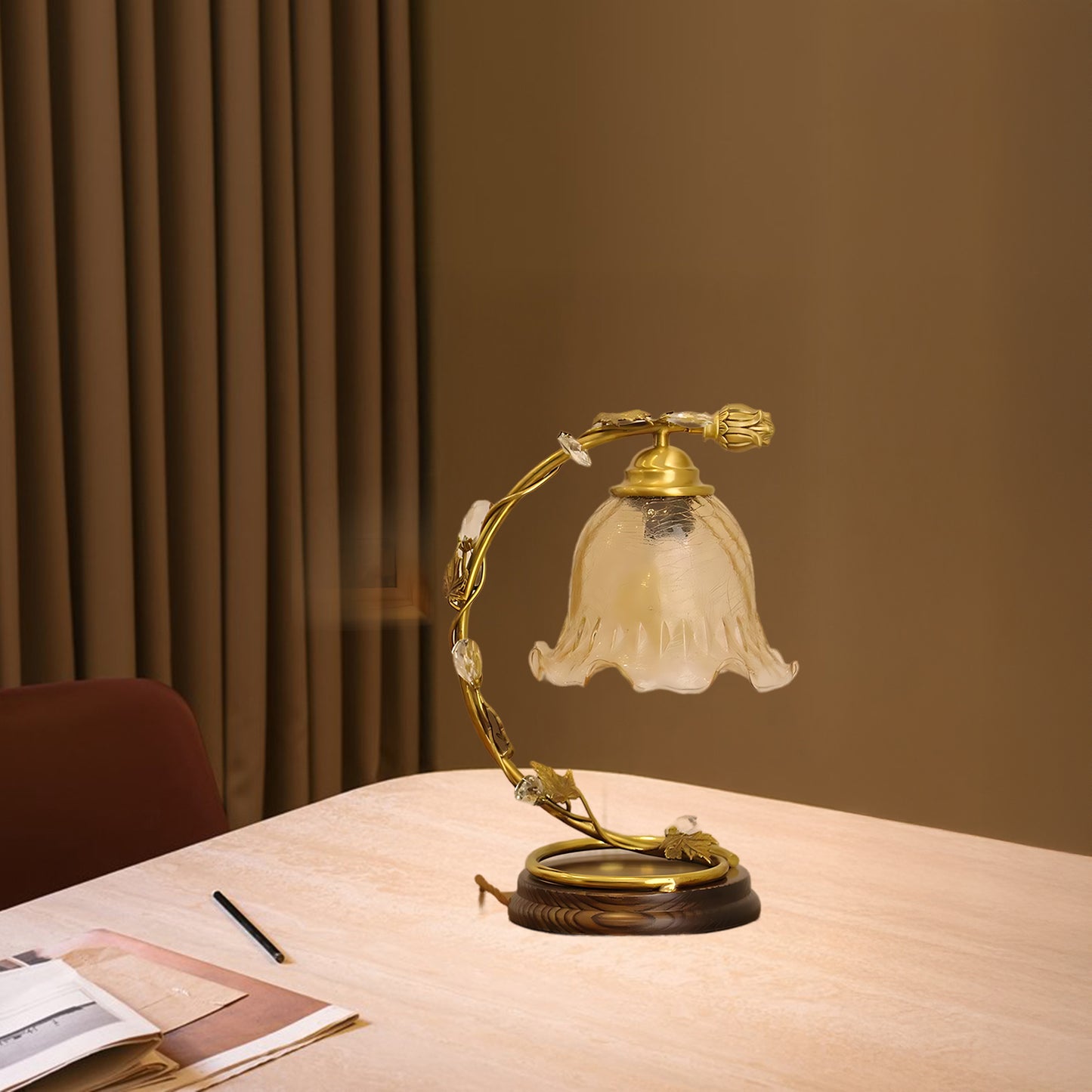 Cracked Brass Art Deco Crystal Table Lamp