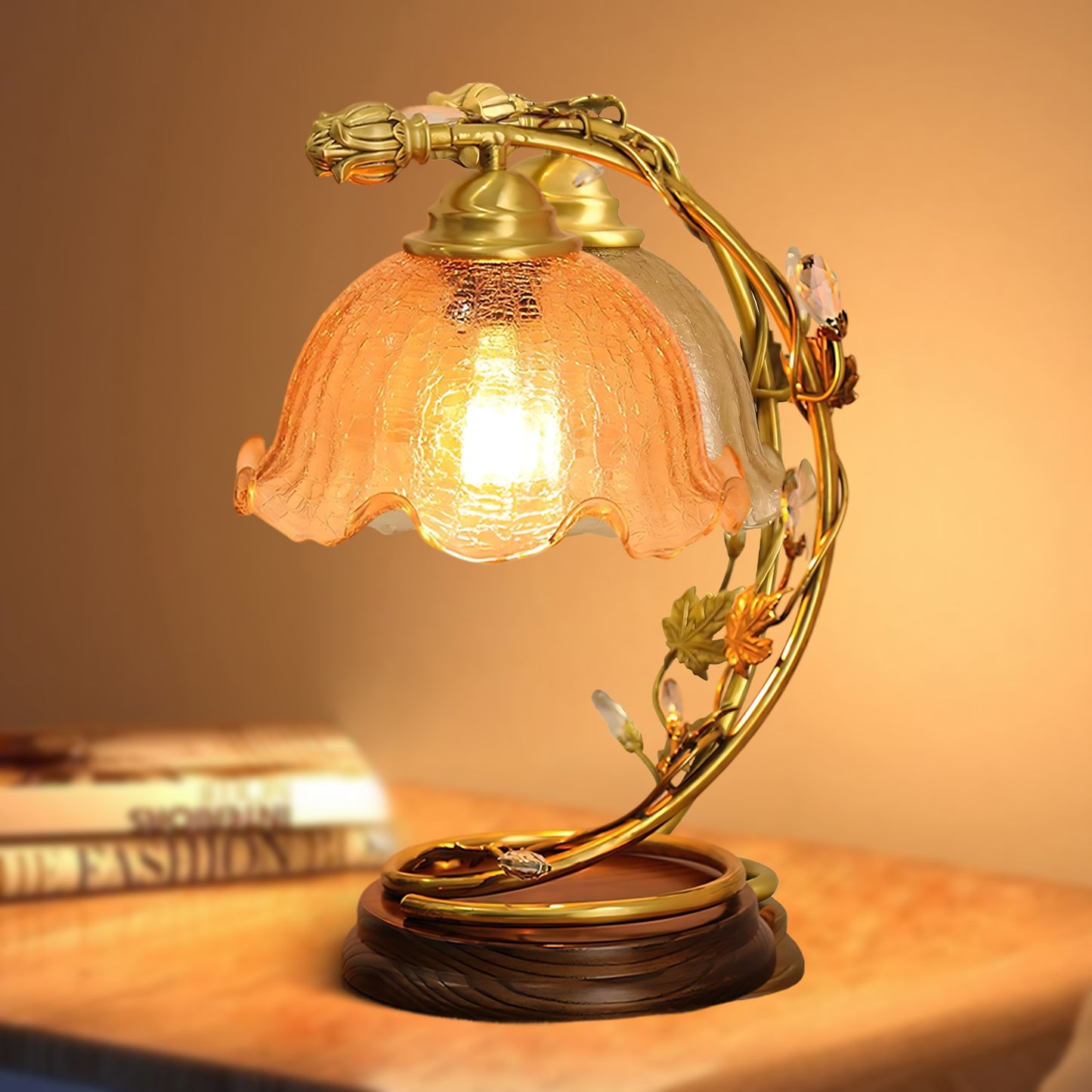 Cracked Brass Art Deco Crystal Table Lamp