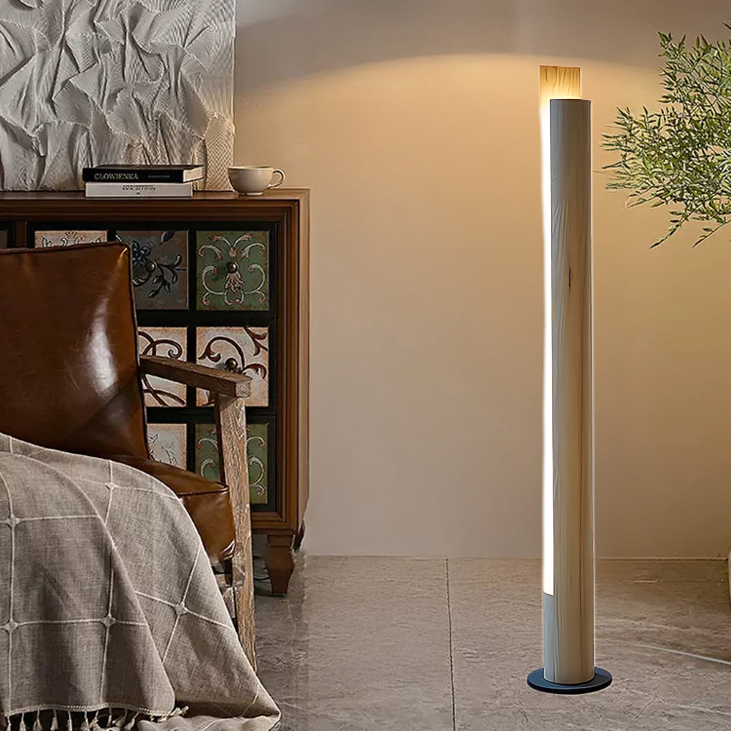 Cylindrical Timber Column Modern Metal Floor Lamp