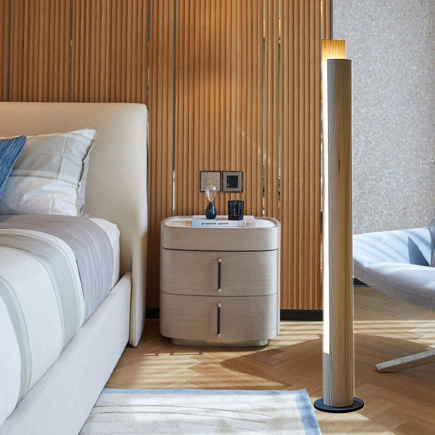 Cylindrical Timber Column Modern Metal Floor Lamp