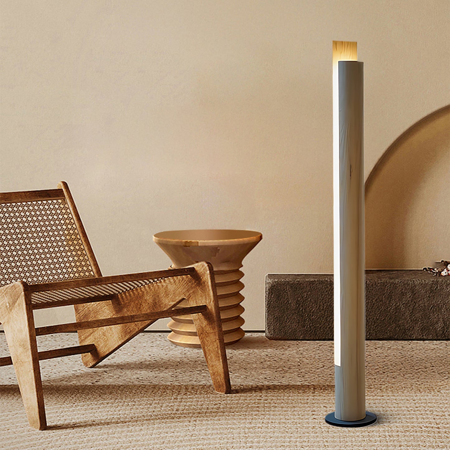 Cylindrical Timber Column Modern Metal Floor Lamp