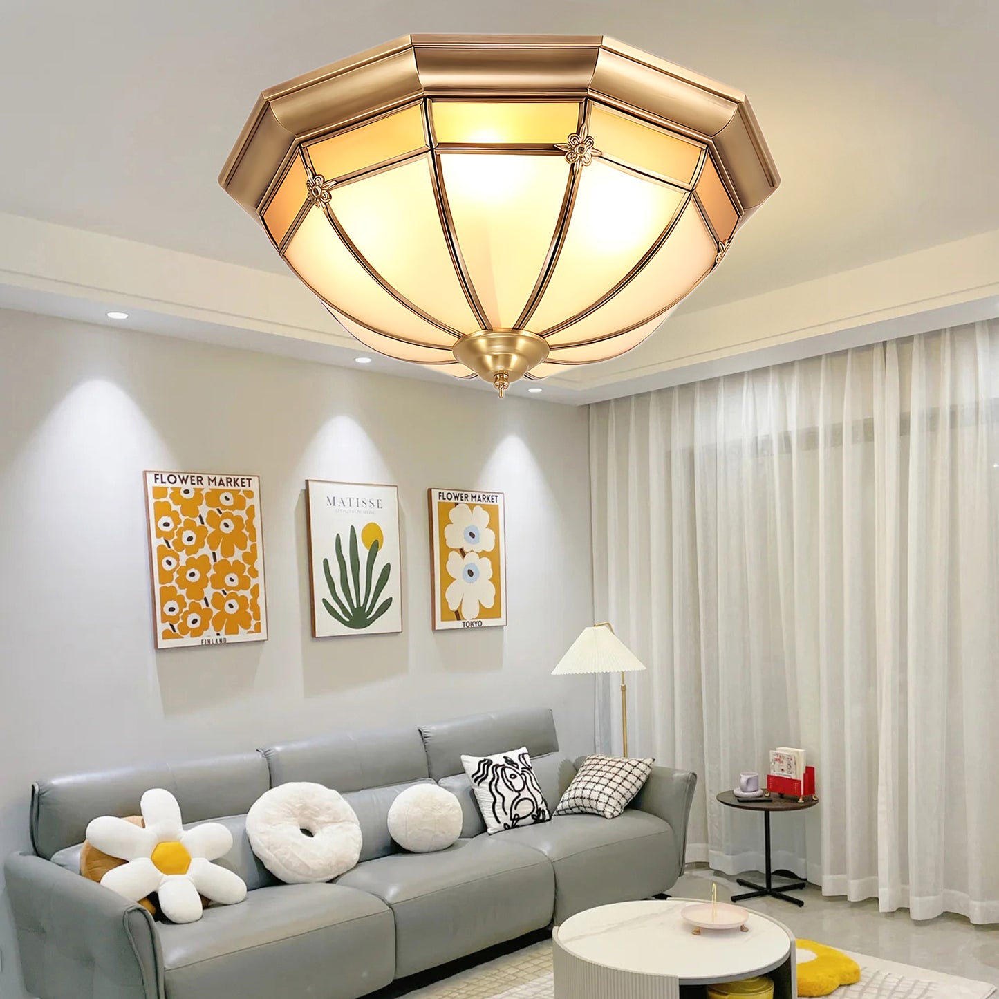 Dome Brass Flush Traditional Crystal Ceiling Lamp