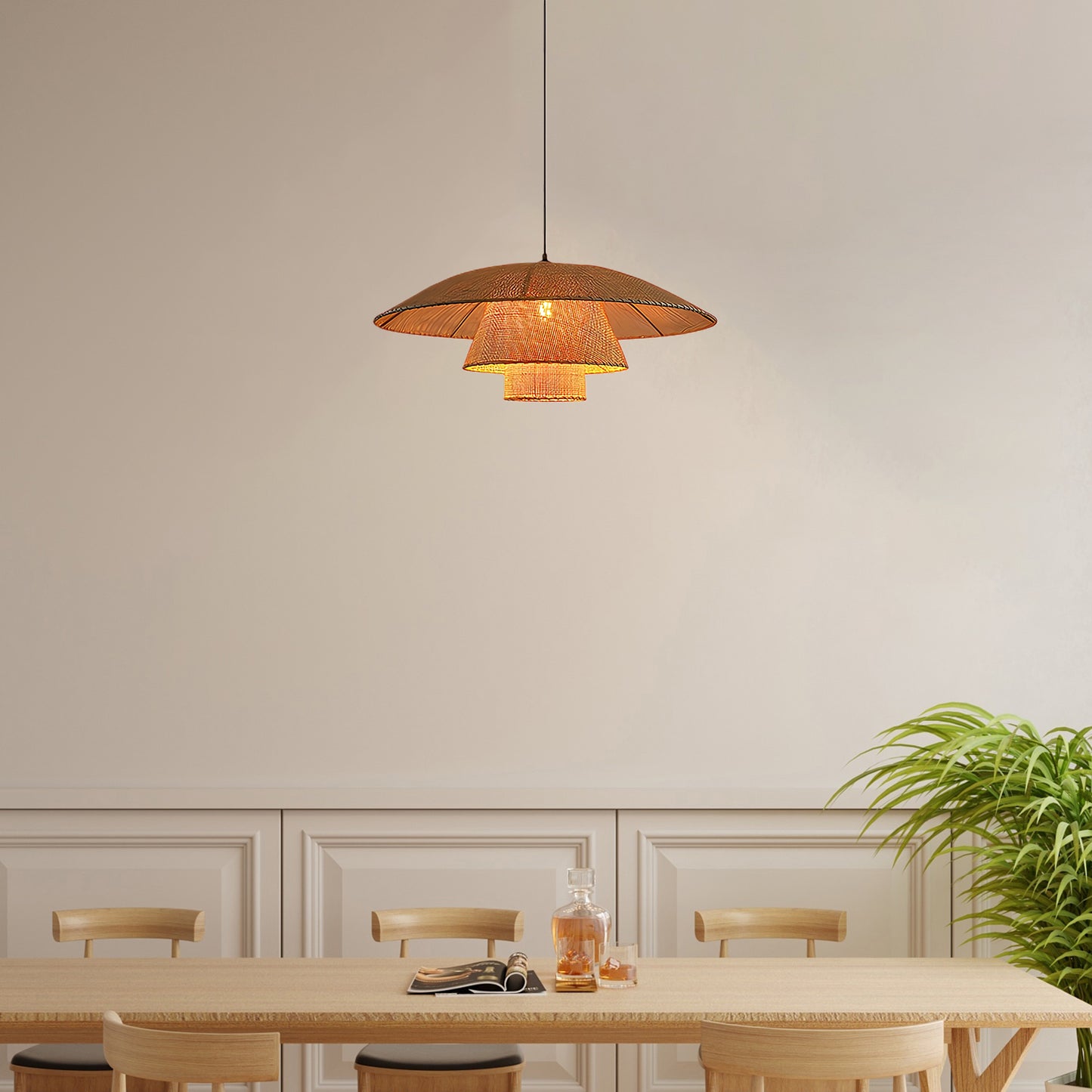 Hat Weave Rattan Contemporary Metal Pendant Lamp