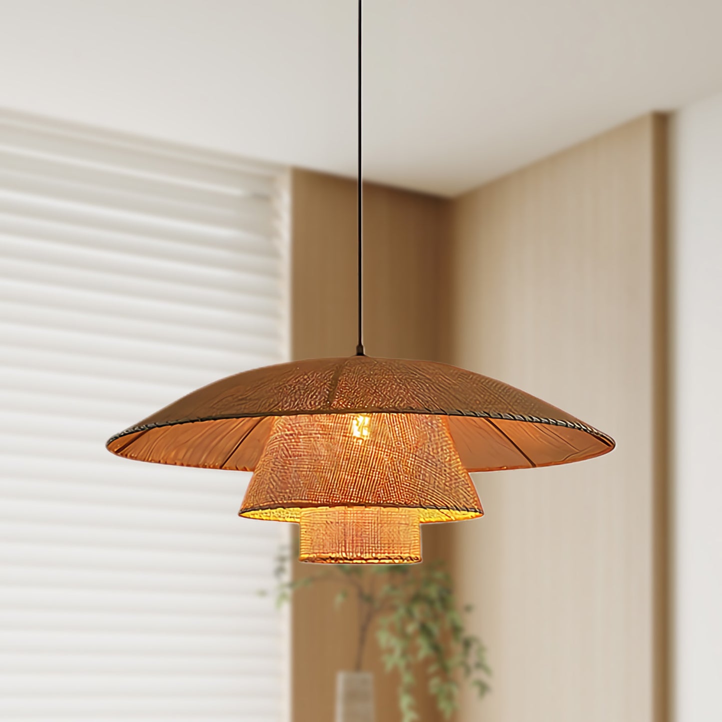 Hat Weave Rattan Contemporary Metal Pendant Lamp