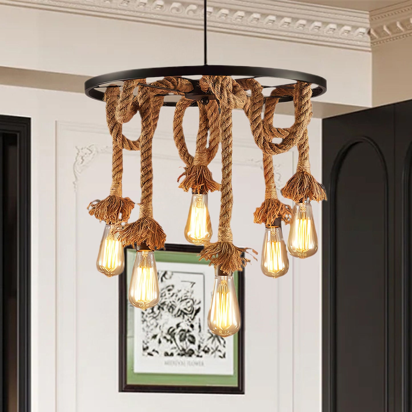 Hemp Rope Industrial Six Head Rustic Material Chandelier