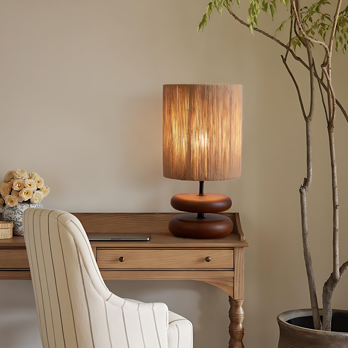 Japanese Cream Wood Study Table Lamp