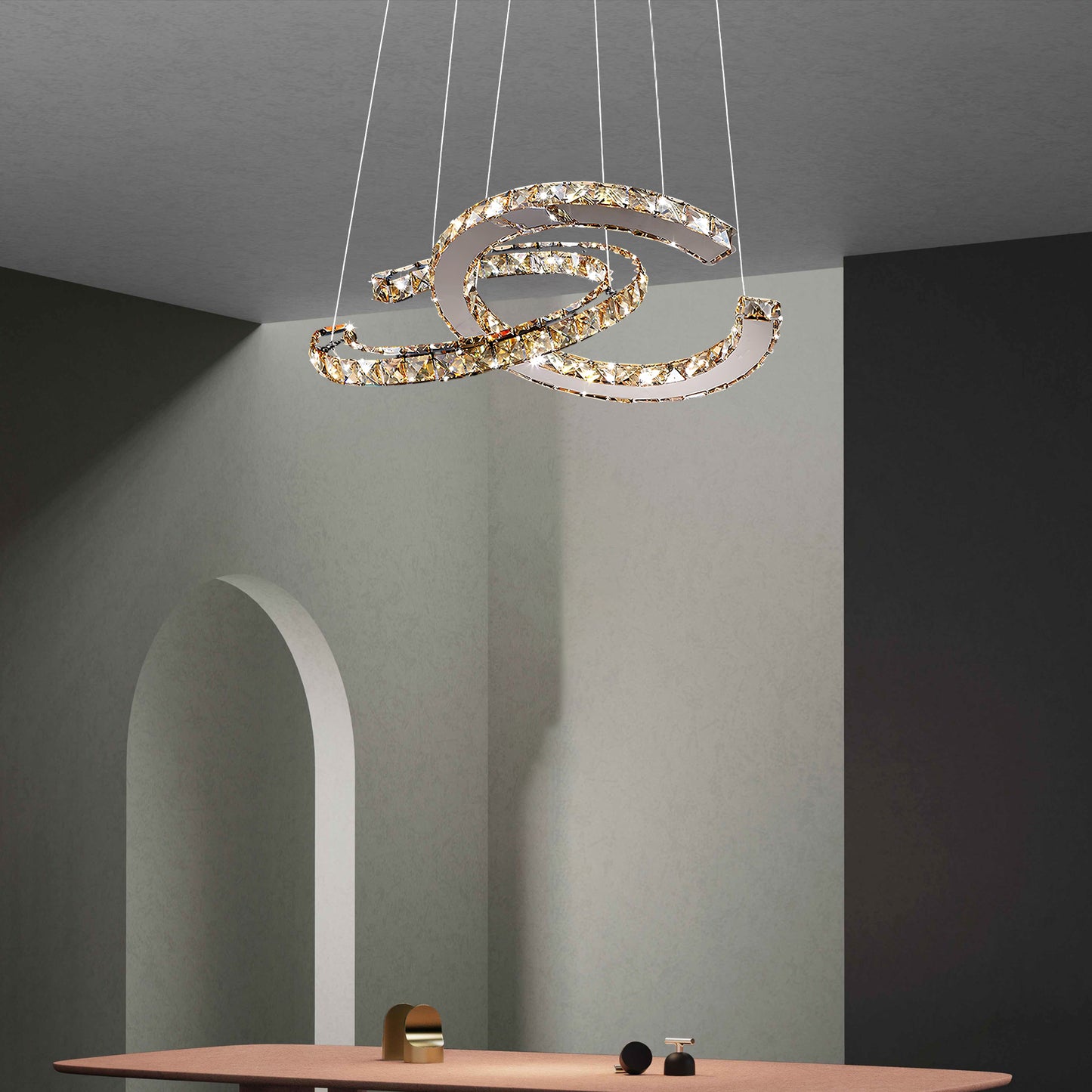 Crystal Double C Modern Steel Chandelier