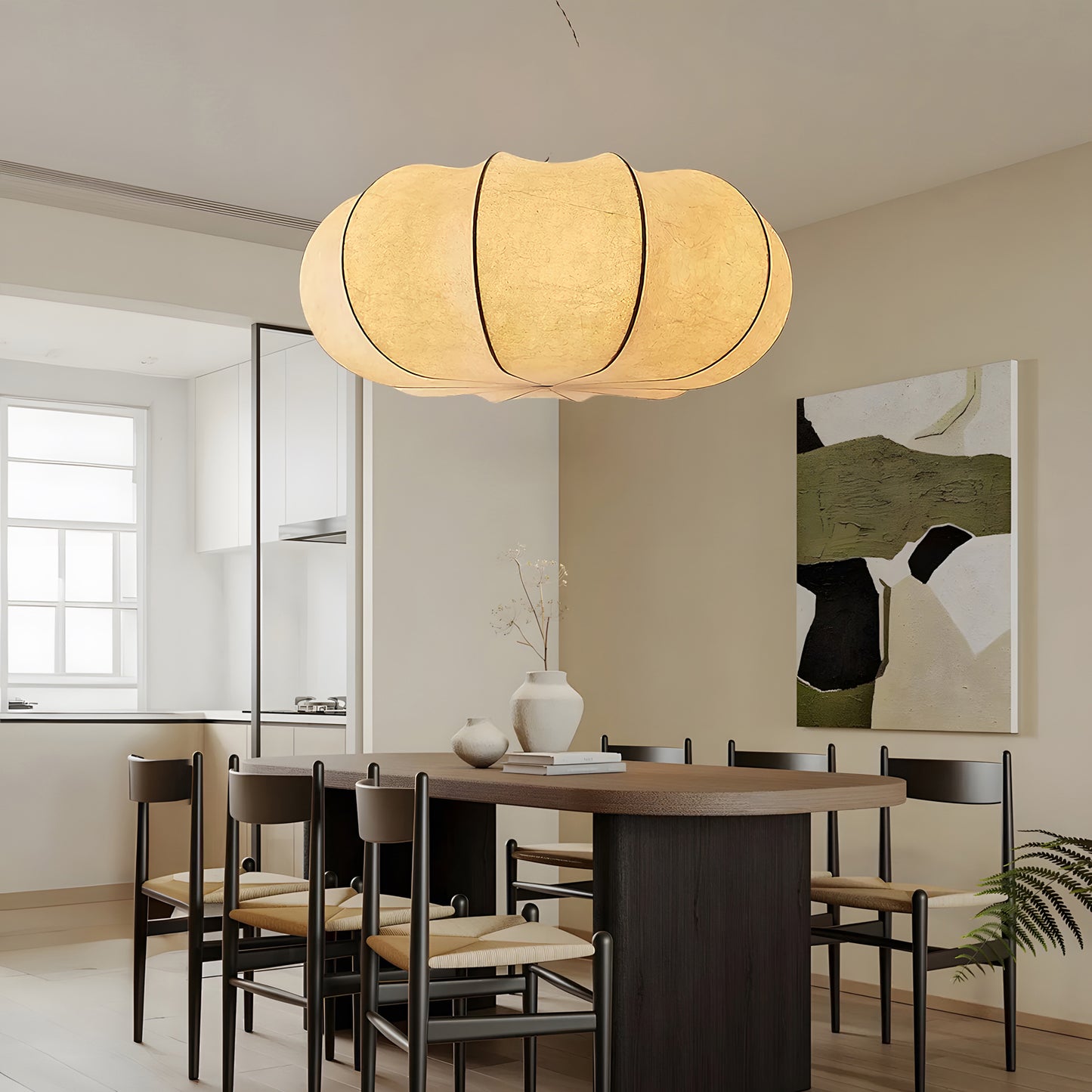 Oblate Silk Traditional Metal Pendant Lamp