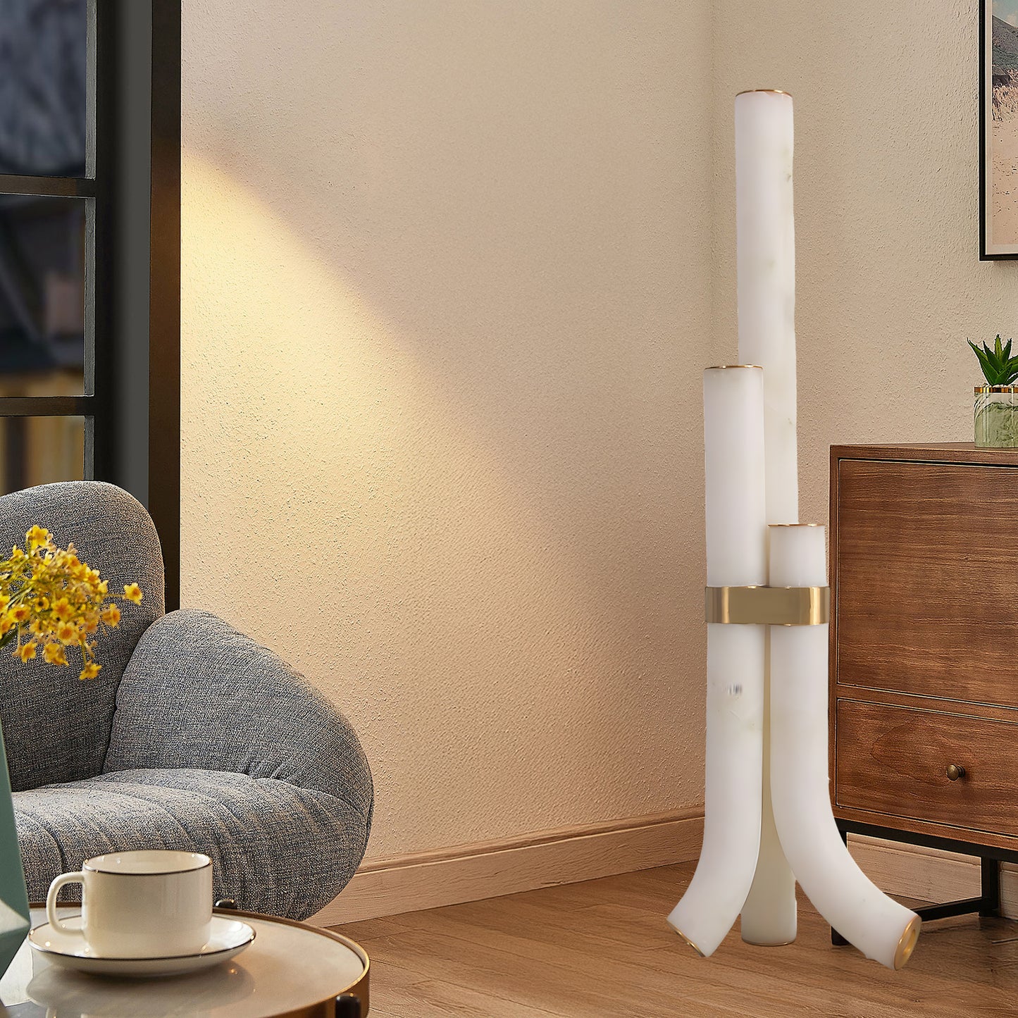 Piped Alabaster Minimalist Brass Floor Lamp