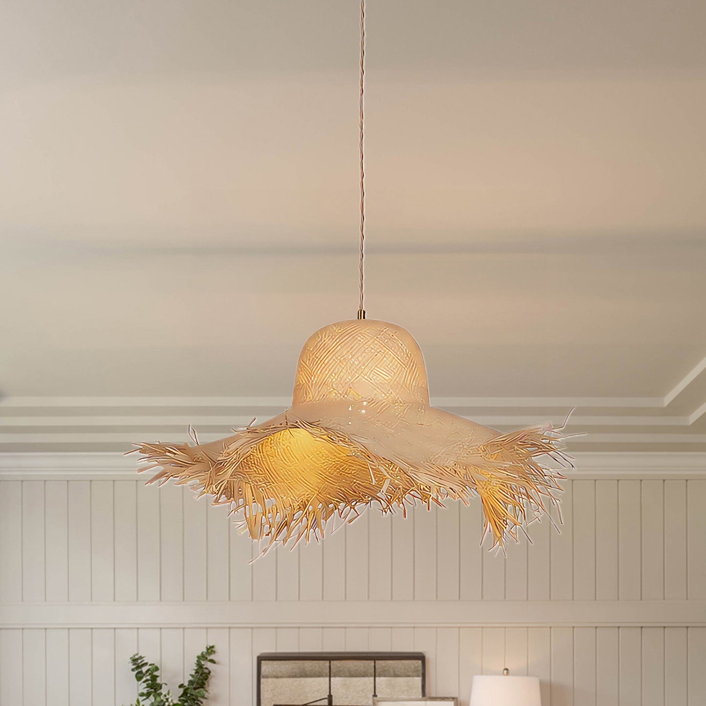 Rattan Straw Hat Eclectic Material Pendant Light