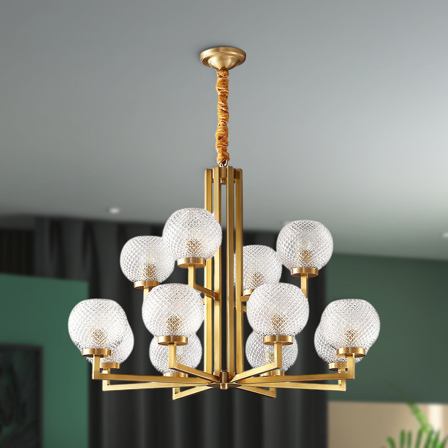 Ribbed Brass Mid-century Crystal Chandelier