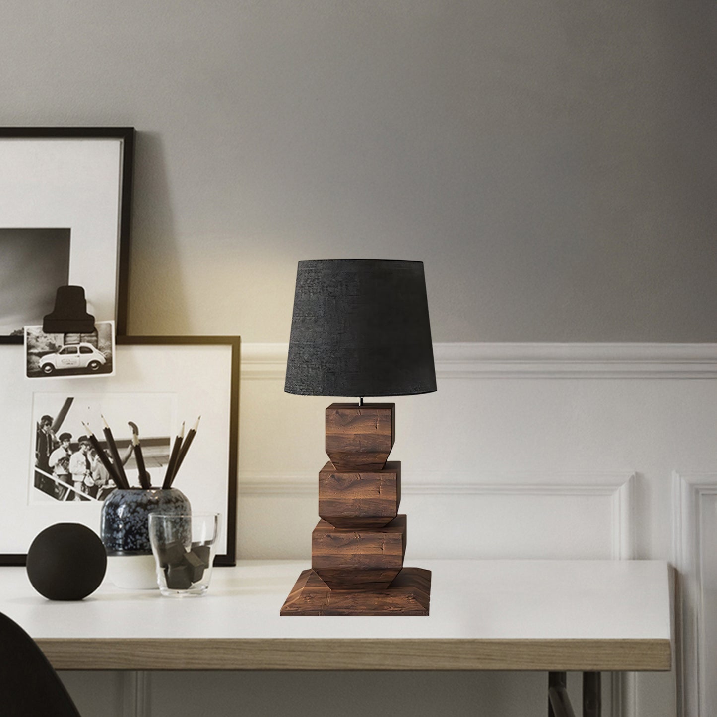 Stacked Wooden Rustic Metal Table Lamp