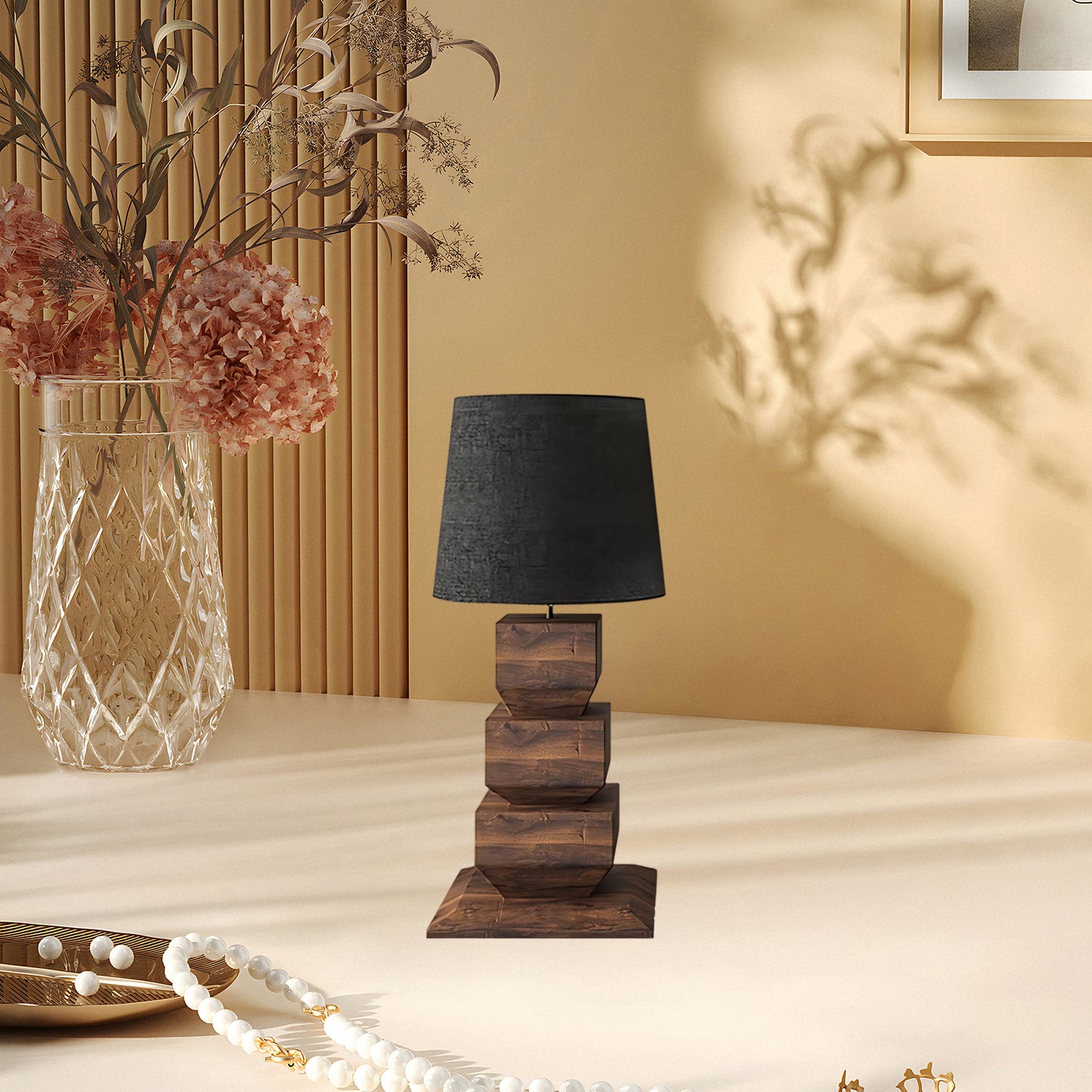 Stacked Wooden Rustic Metal Table Lamp