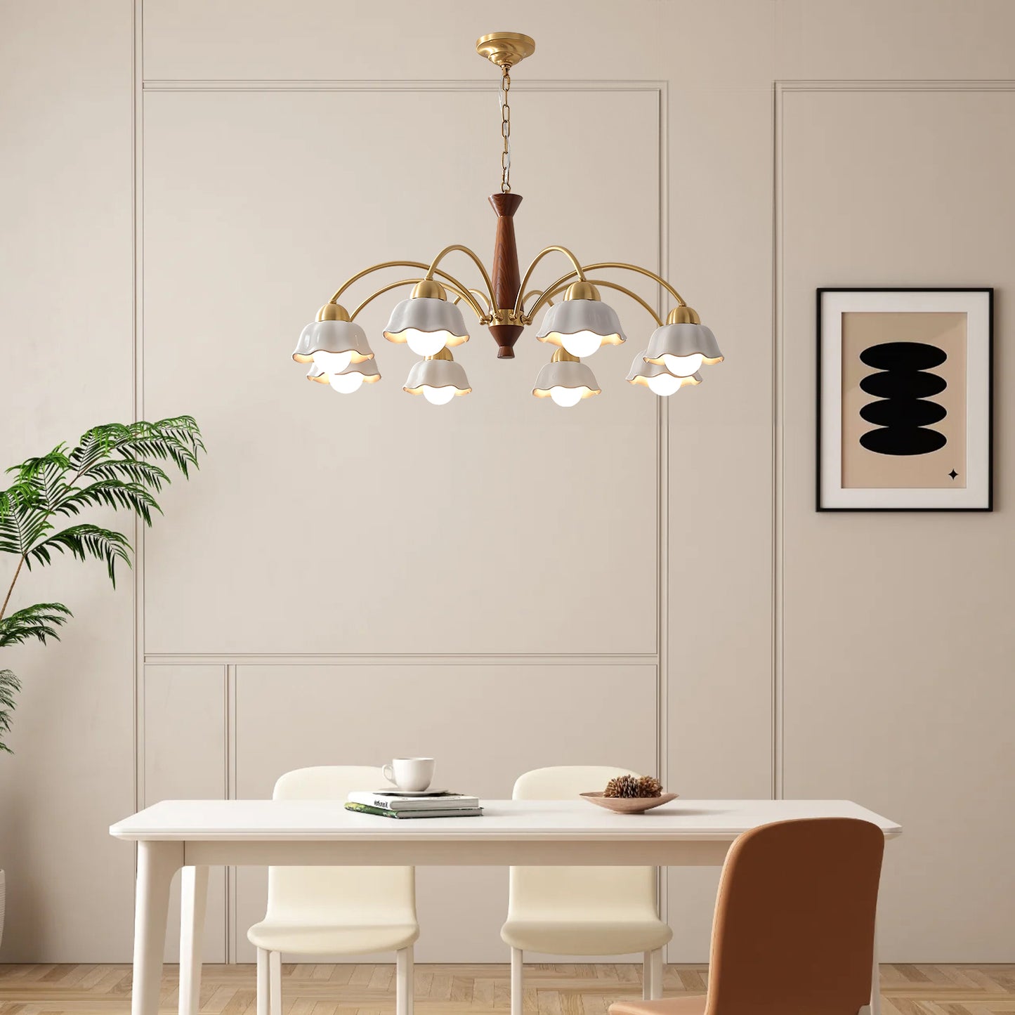 Swedish Brass Modern Wood Chandelier