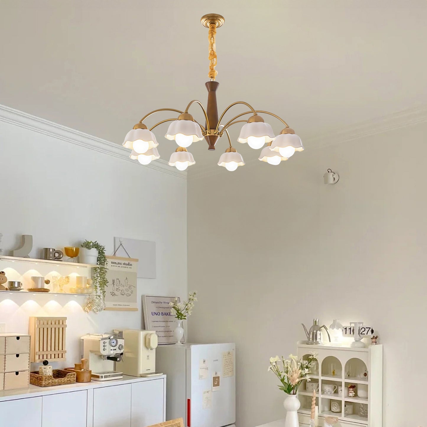 Swedish Brass Modern Wood Chandelier