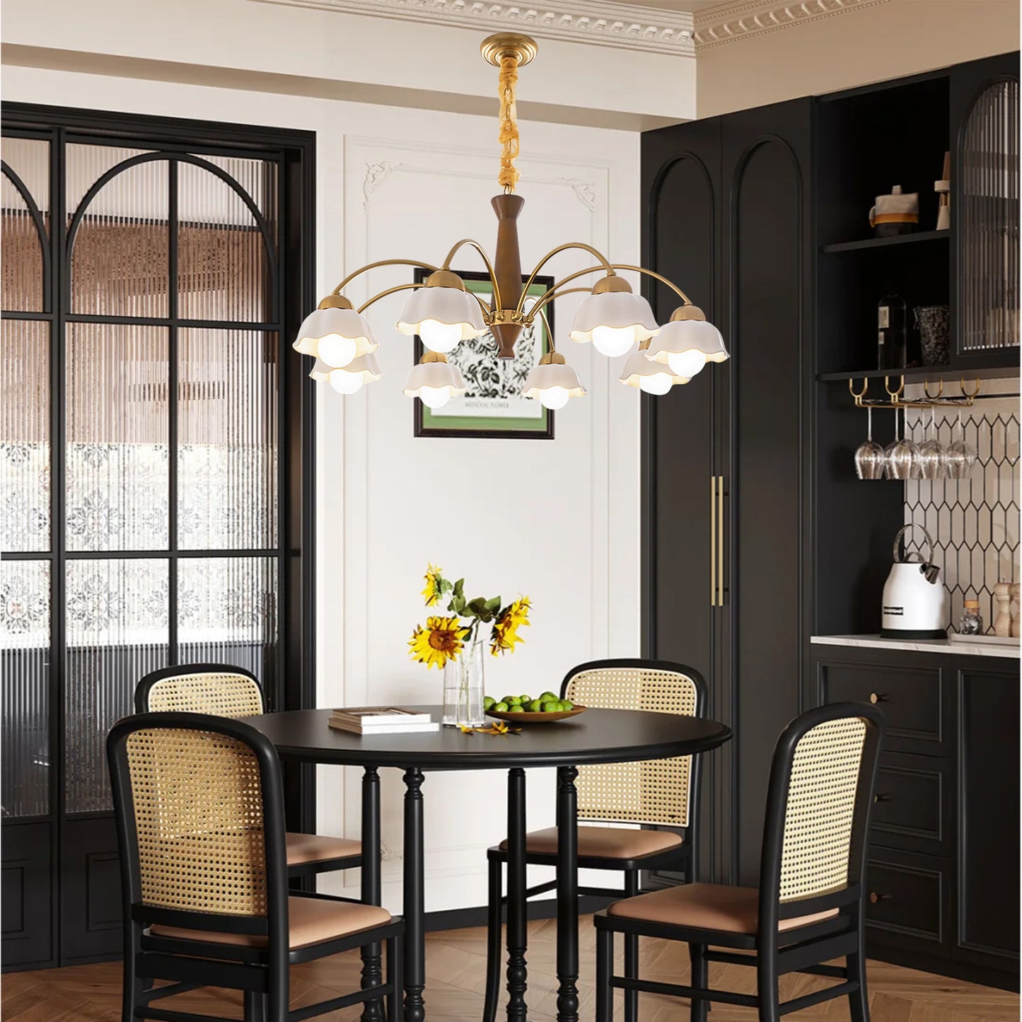 Swedish Brass Modern Wood Chandelier