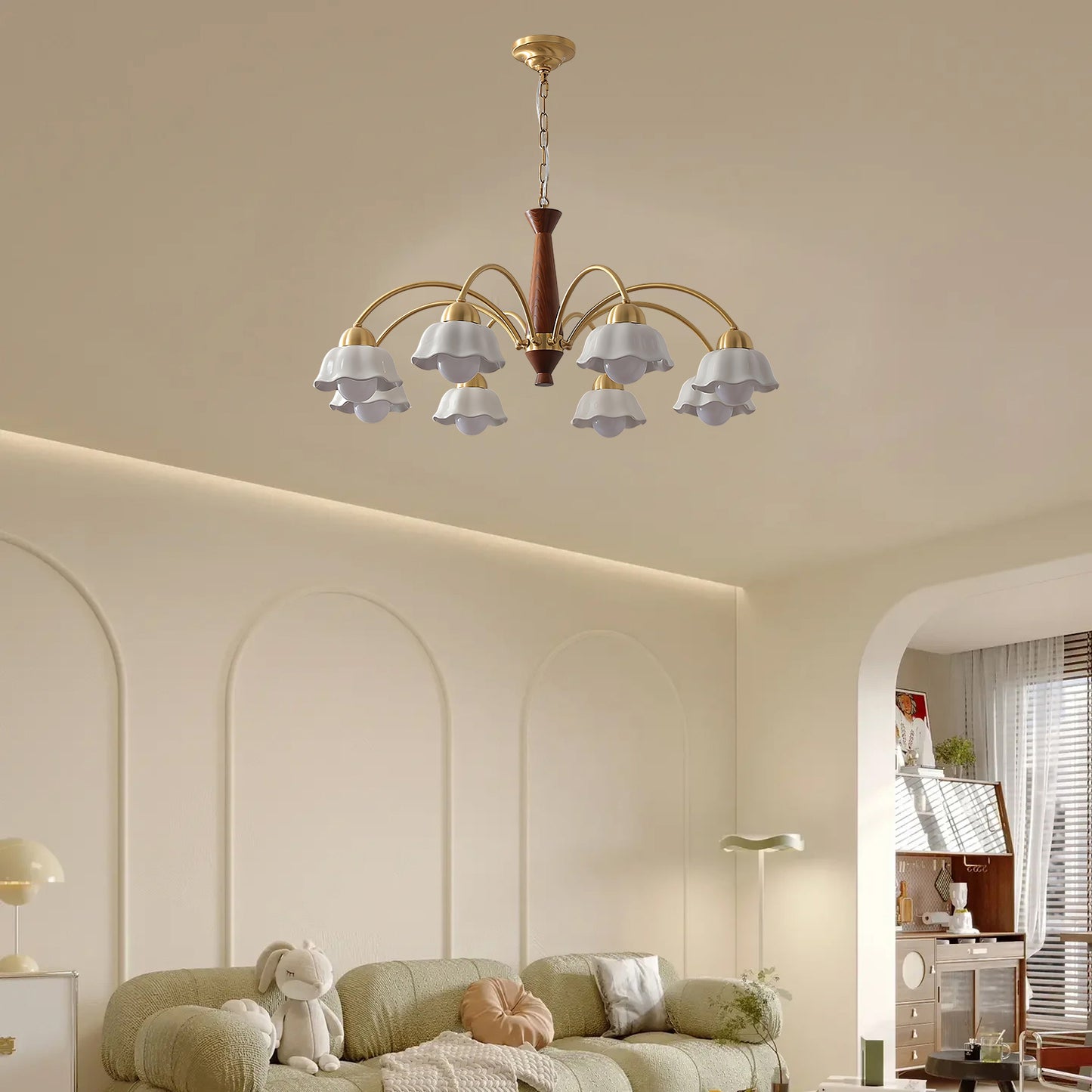 Swedish Brass Modern Wood Chandelier