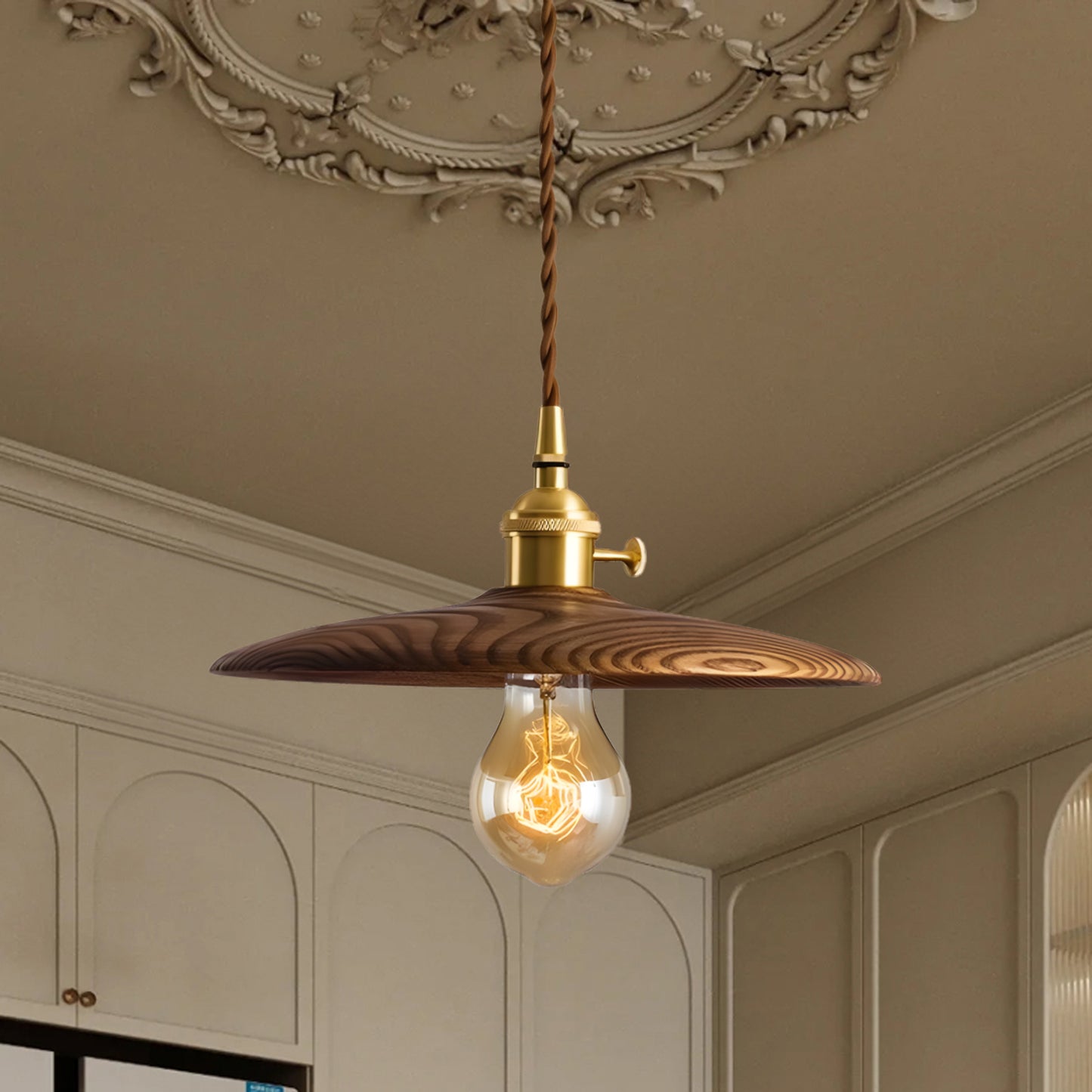 Walnut Conical Classic Brass Pendant Light