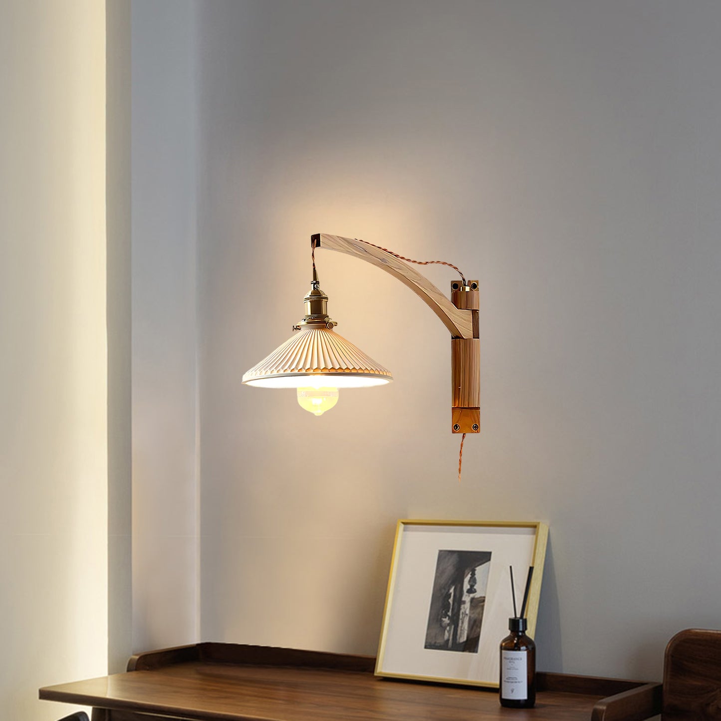 Walnut Swing Arm Modern Ceramic Wall Lamp