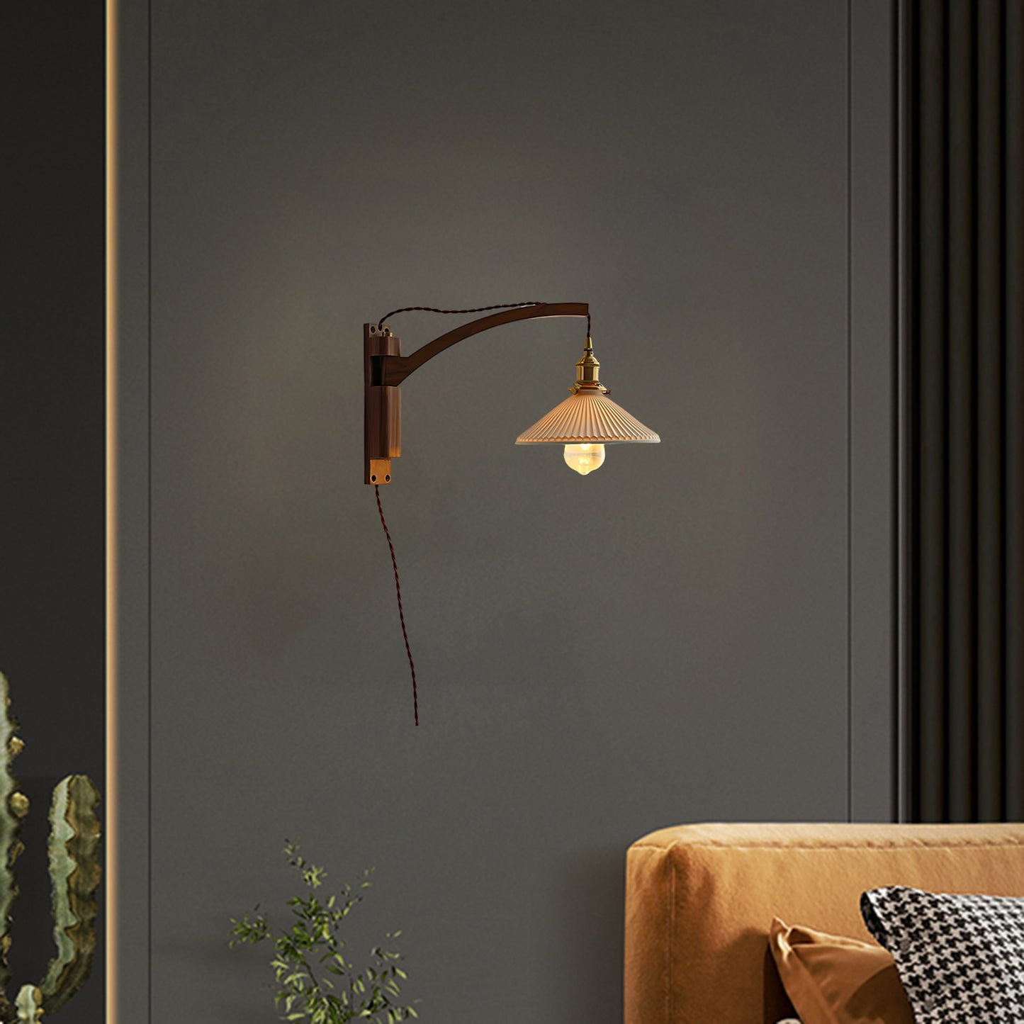 Walnut Swing Arm Modern Ceramic Wall Lamp