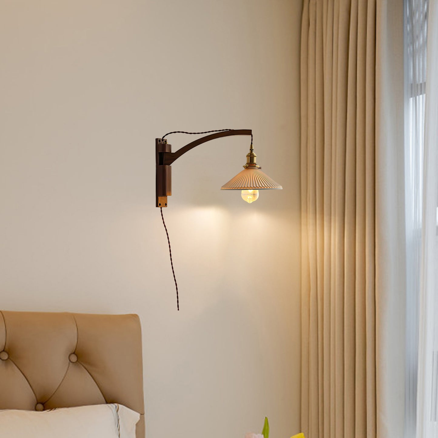 Walnut Swing Arm Modern Ceramic Wall Lamp