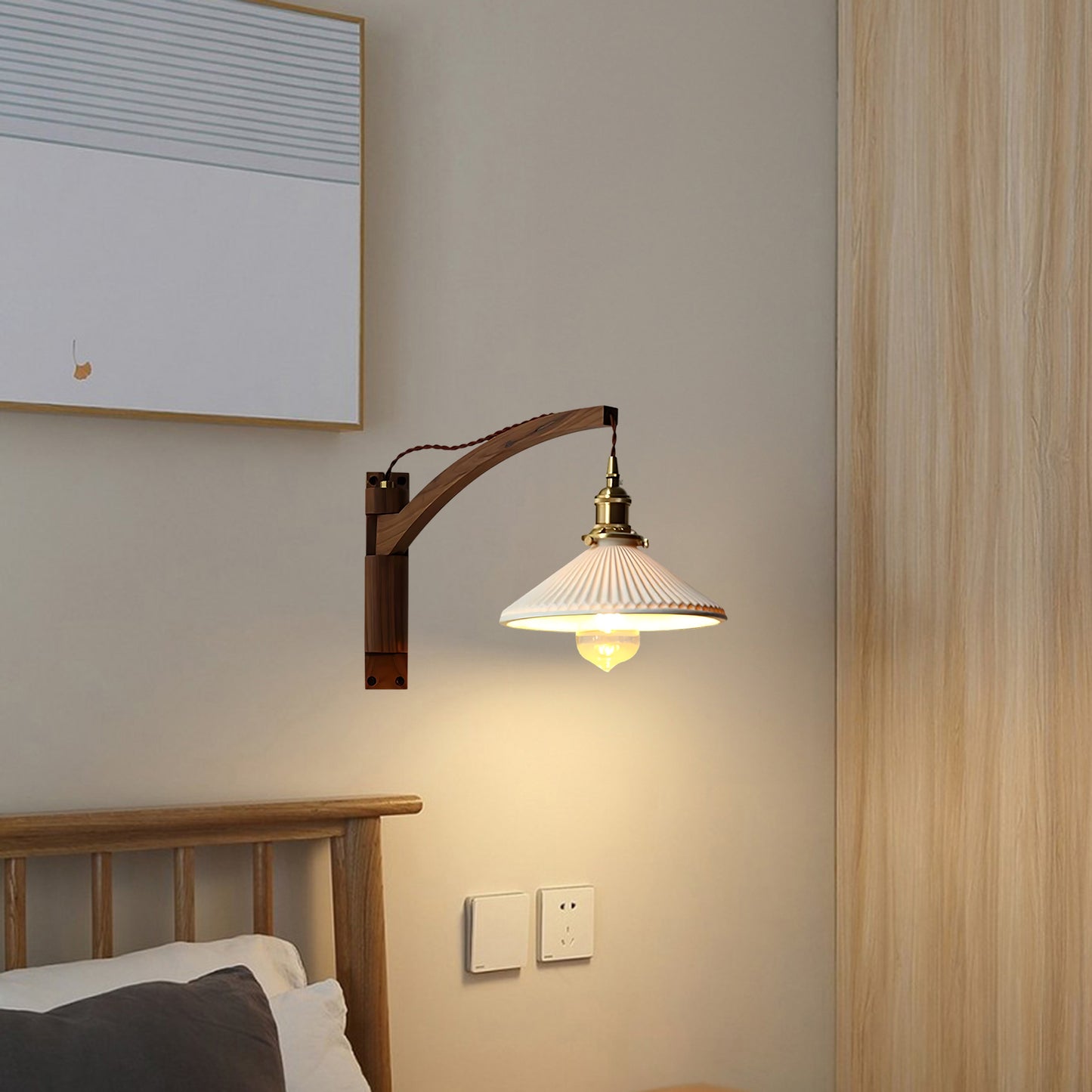 Walnut Swing Arm Modern Ceramic Wall Lamp