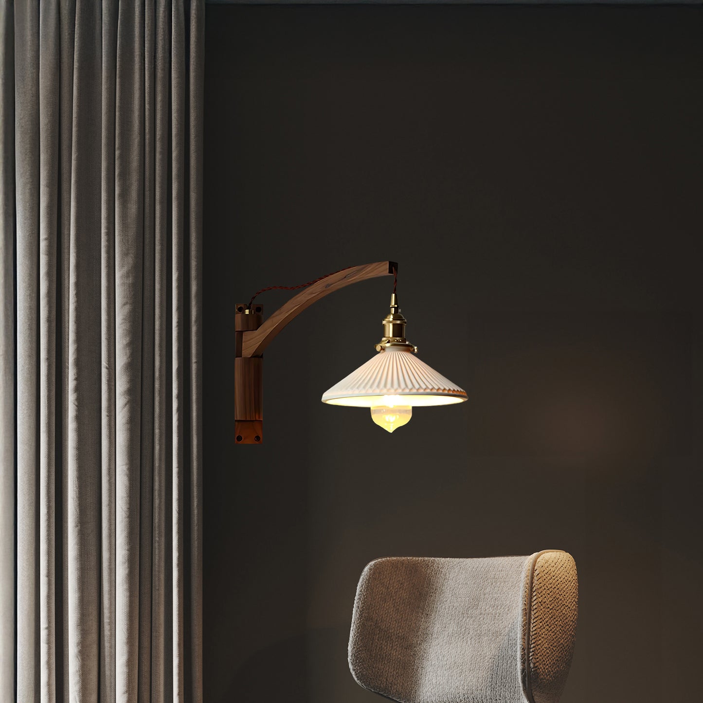 Walnut Swing Arm Modern Ceramic Wall Lamp