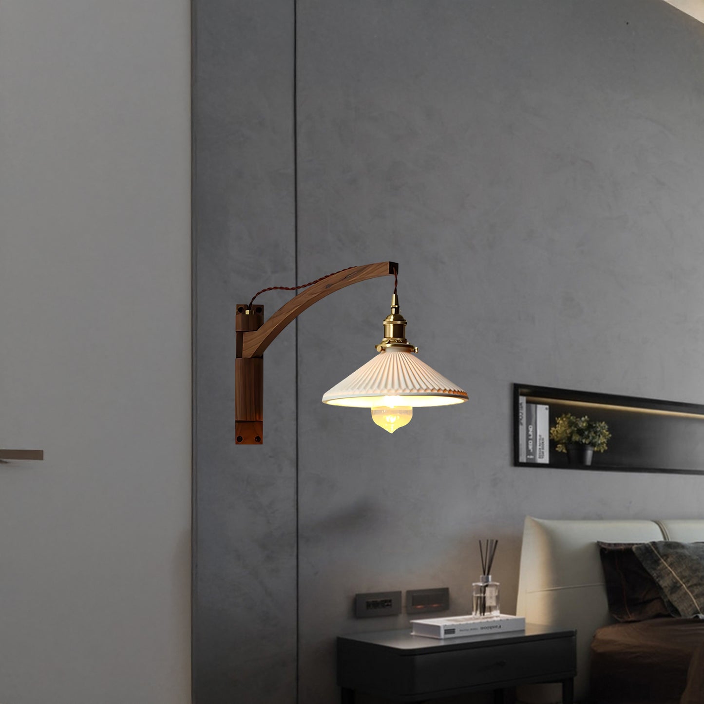 Walnut Swing Arm Modern Ceramic Wall Lamp