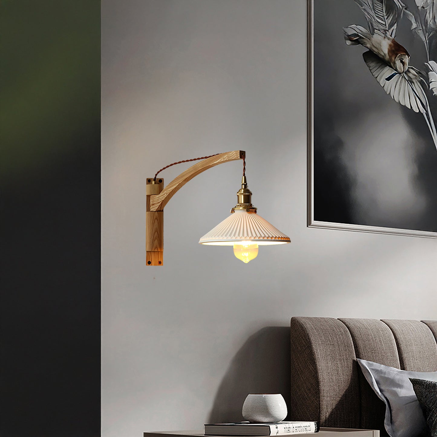 Walnut Swing Arm Modern Ceramic Wall Lamp