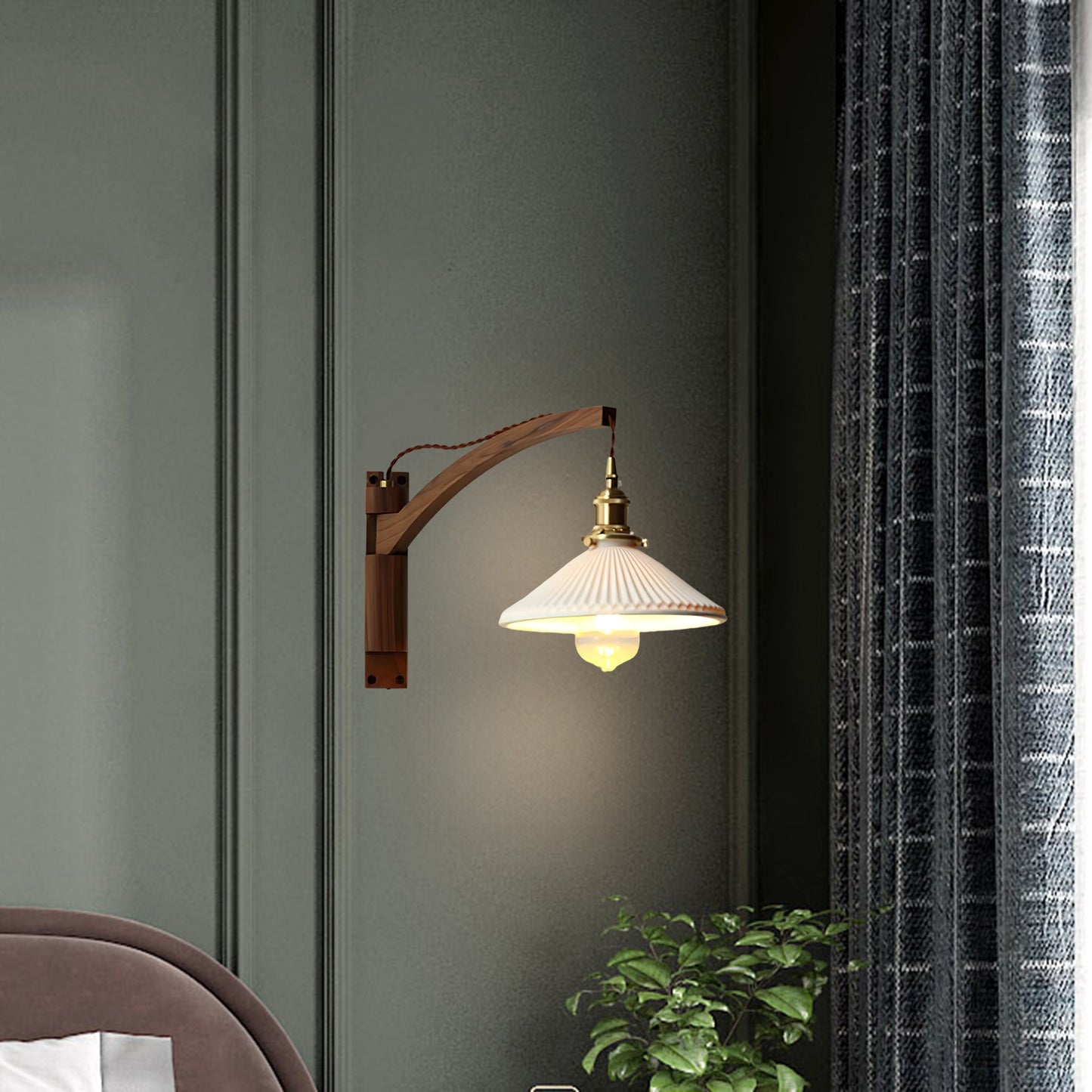 Walnut Swing Arm Modern Ceramic Wall Lamp