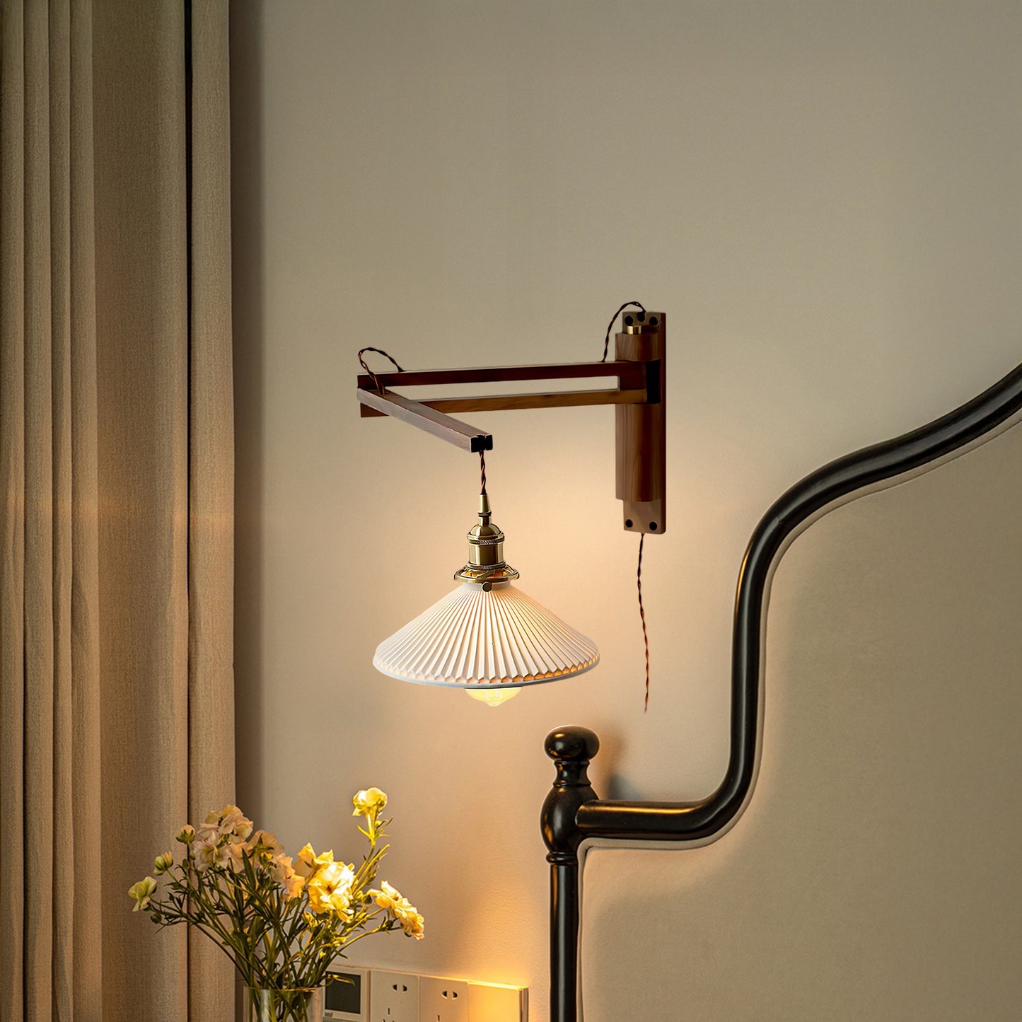 Walnut Swing Arm Modern Ceramic Wall Lamp