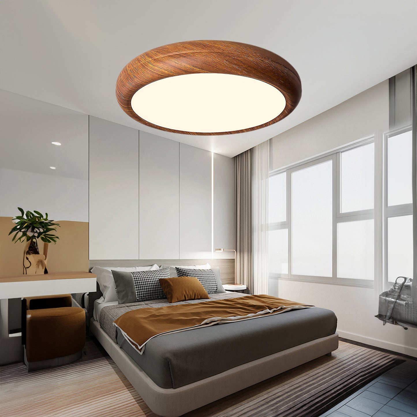 Wood Grain Round Eclectic Metal Ceiling Lamp