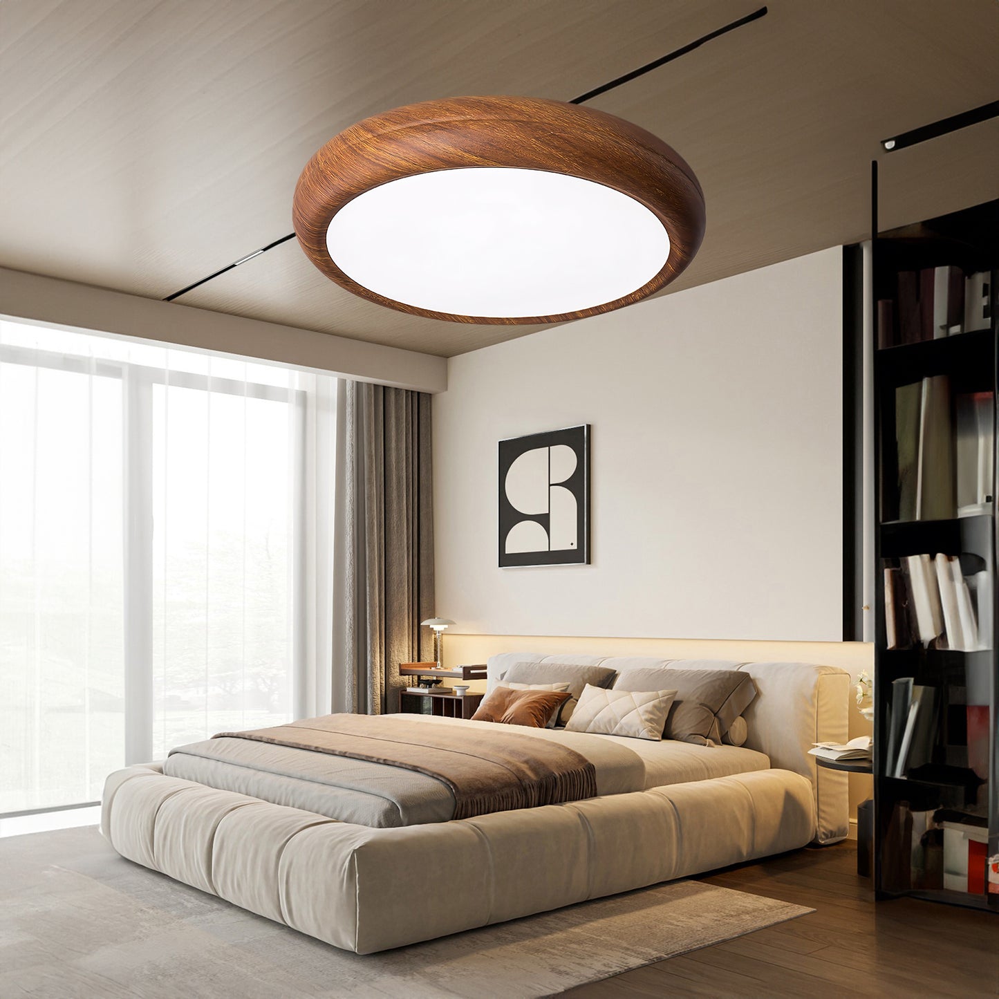 Wood Grain Round Eclectic Metal Ceiling Lamp