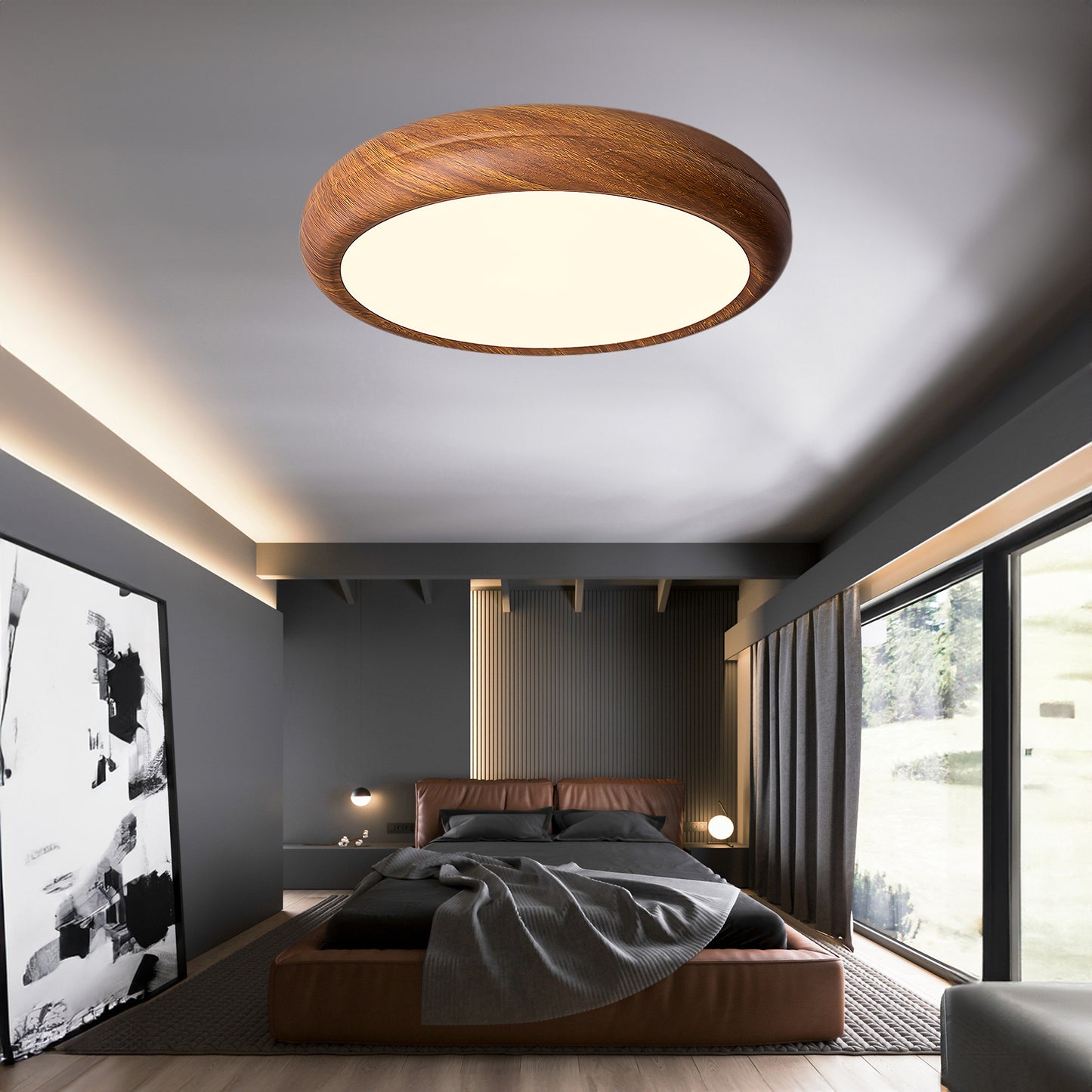 Wood Grain Round Eclectic Metal Ceiling Lamp