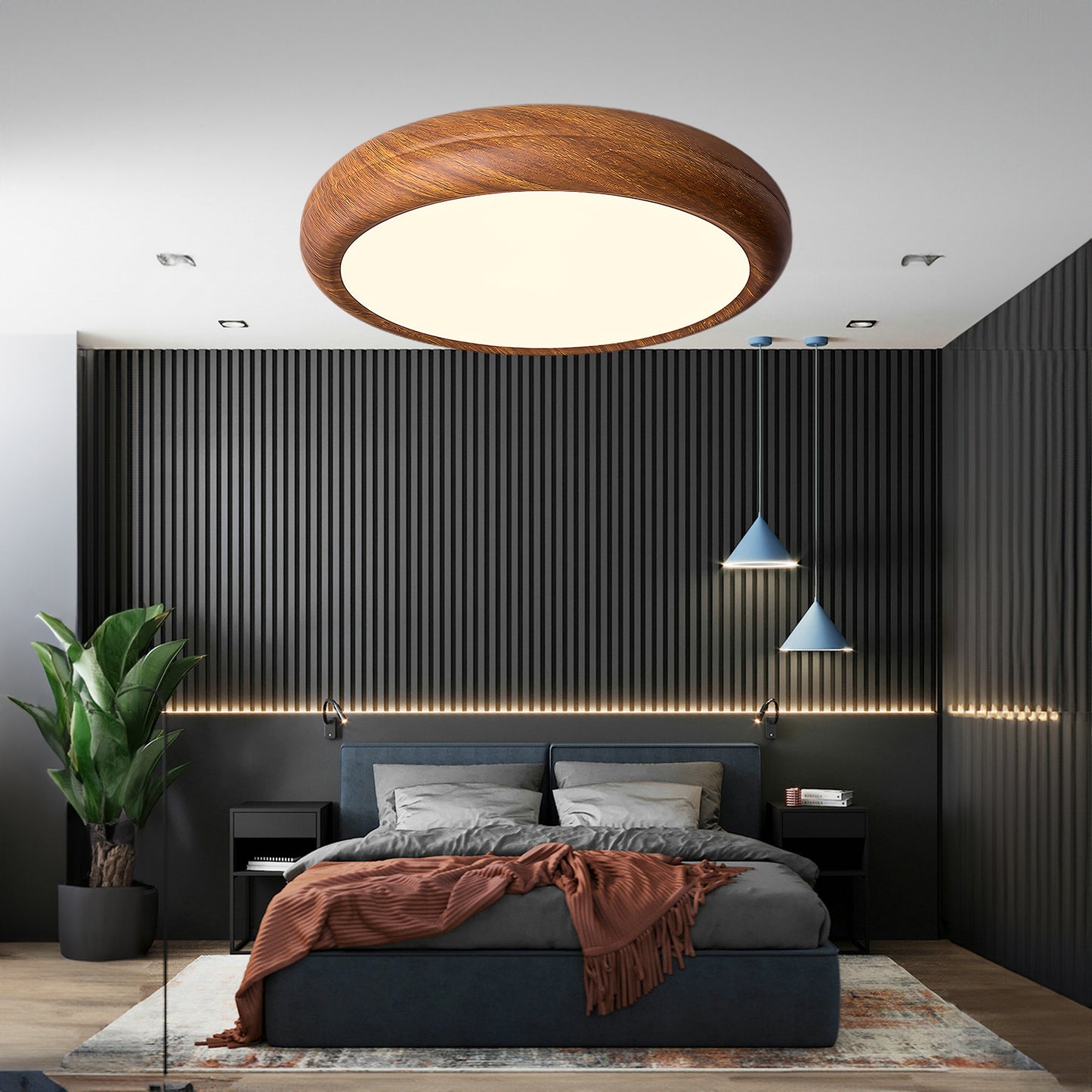 Wood Grain Round Eclectic Metal Ceiling Lamp