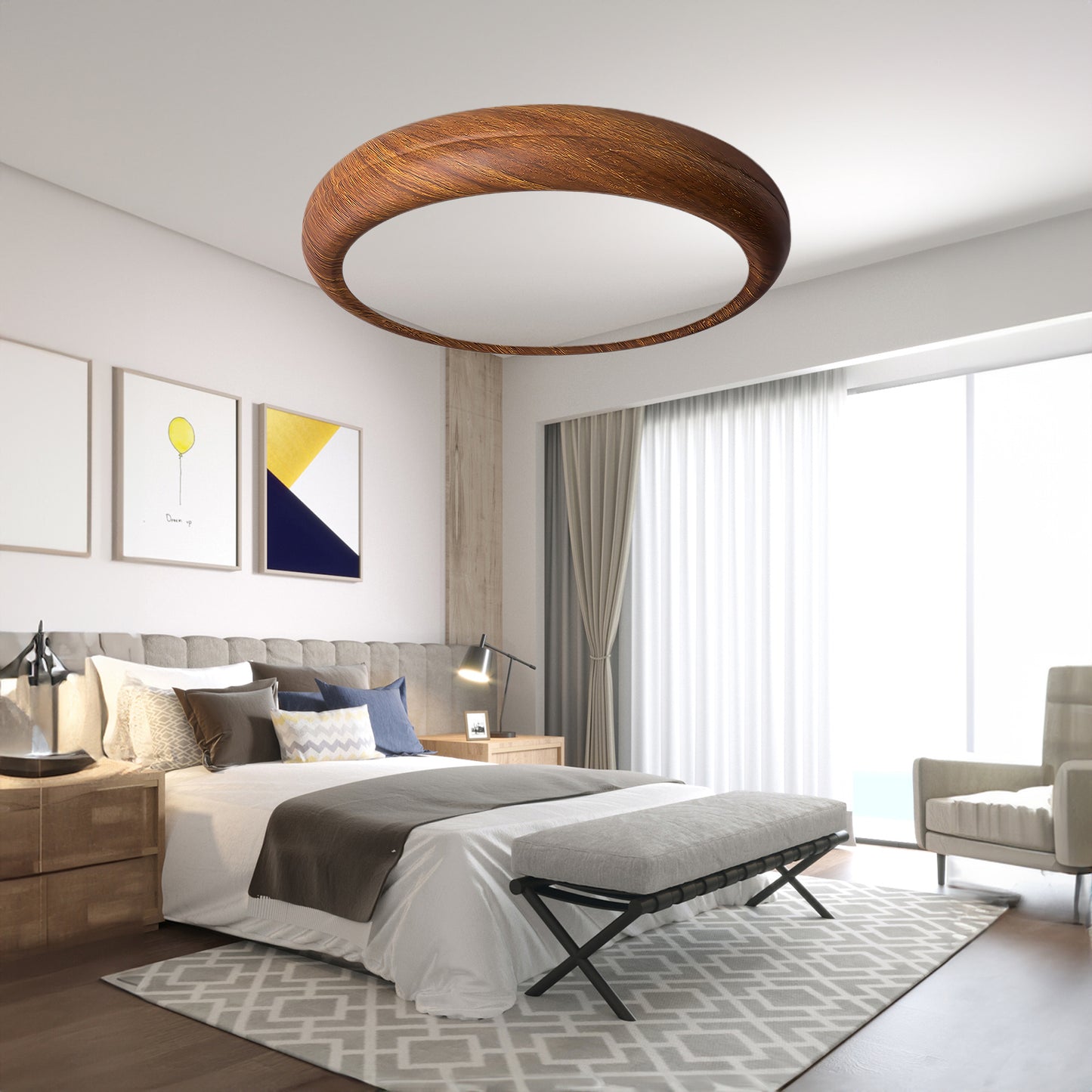 Wood Grain Round Eclectic Metal Ceiling Lamp