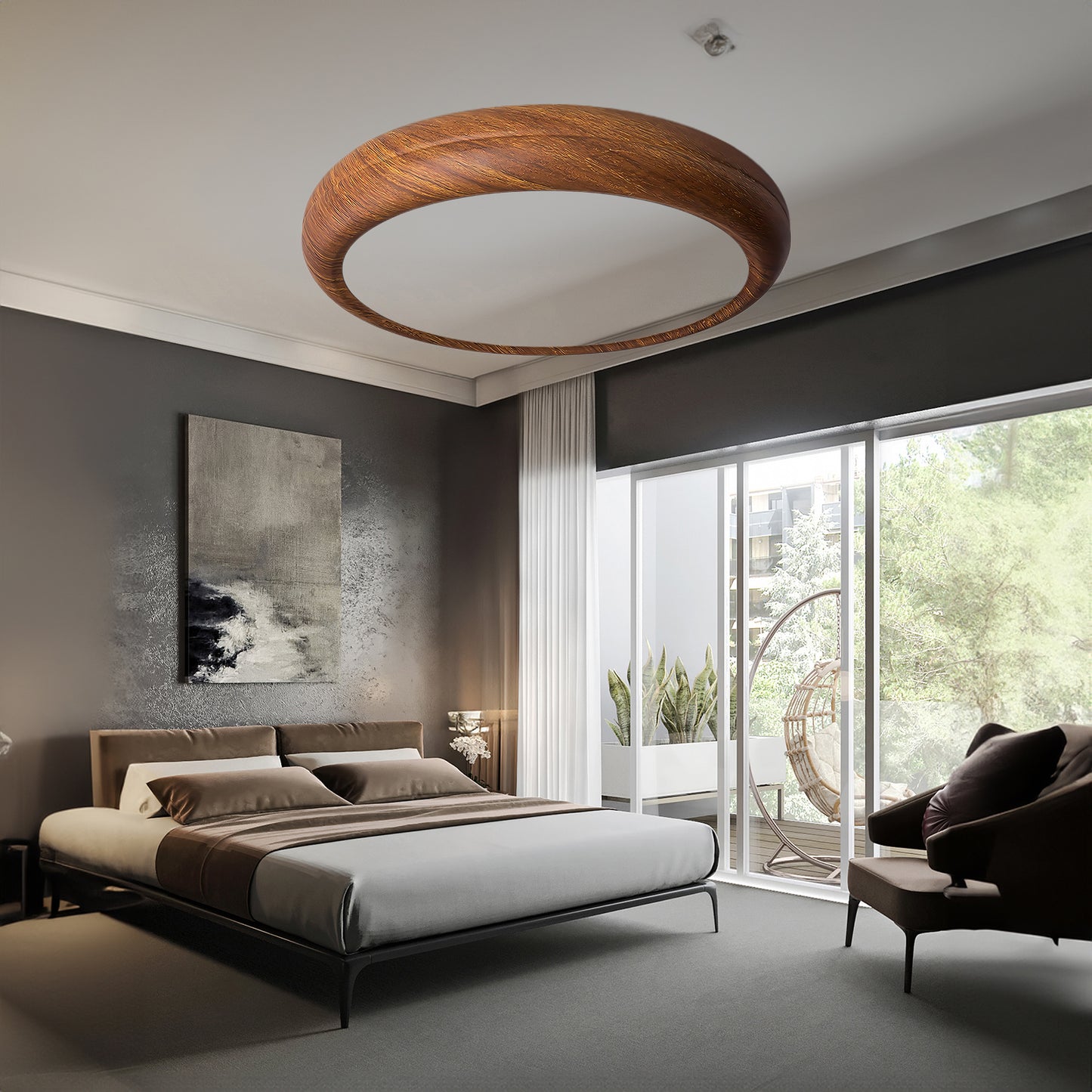 Wood Grain Round Eclectic Metal Ceiling Lamp