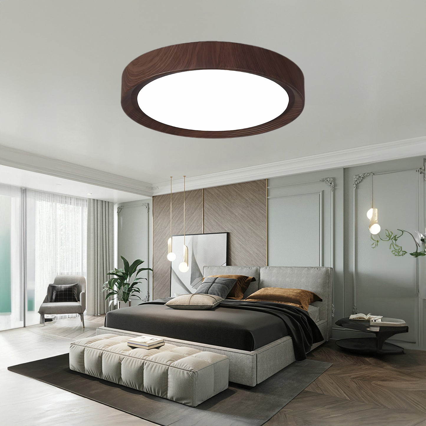 Wood Grain Round Eclectic Metal Ceiling Lamp