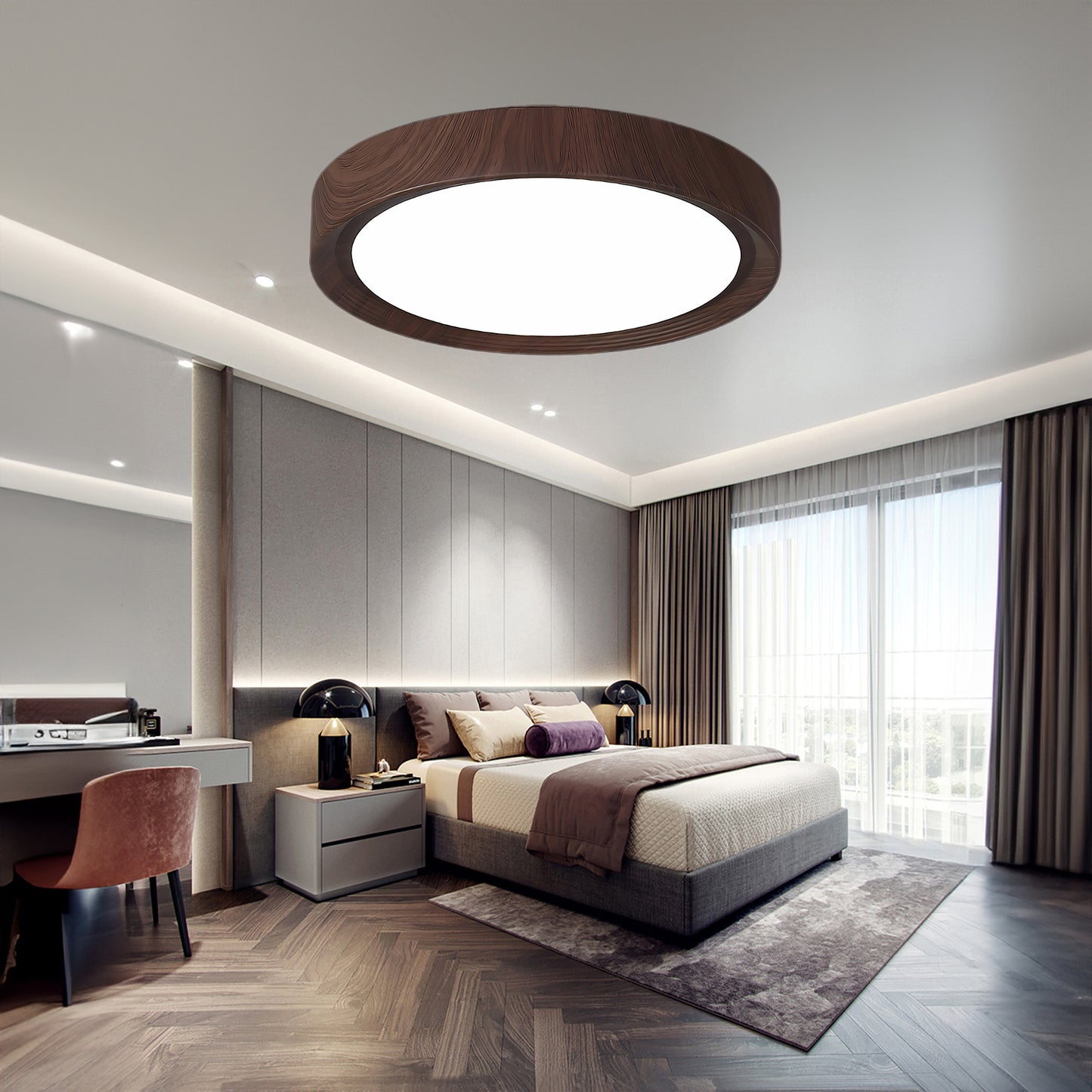 Wood Grain Round Eclectic Metal Ceiling Lamp