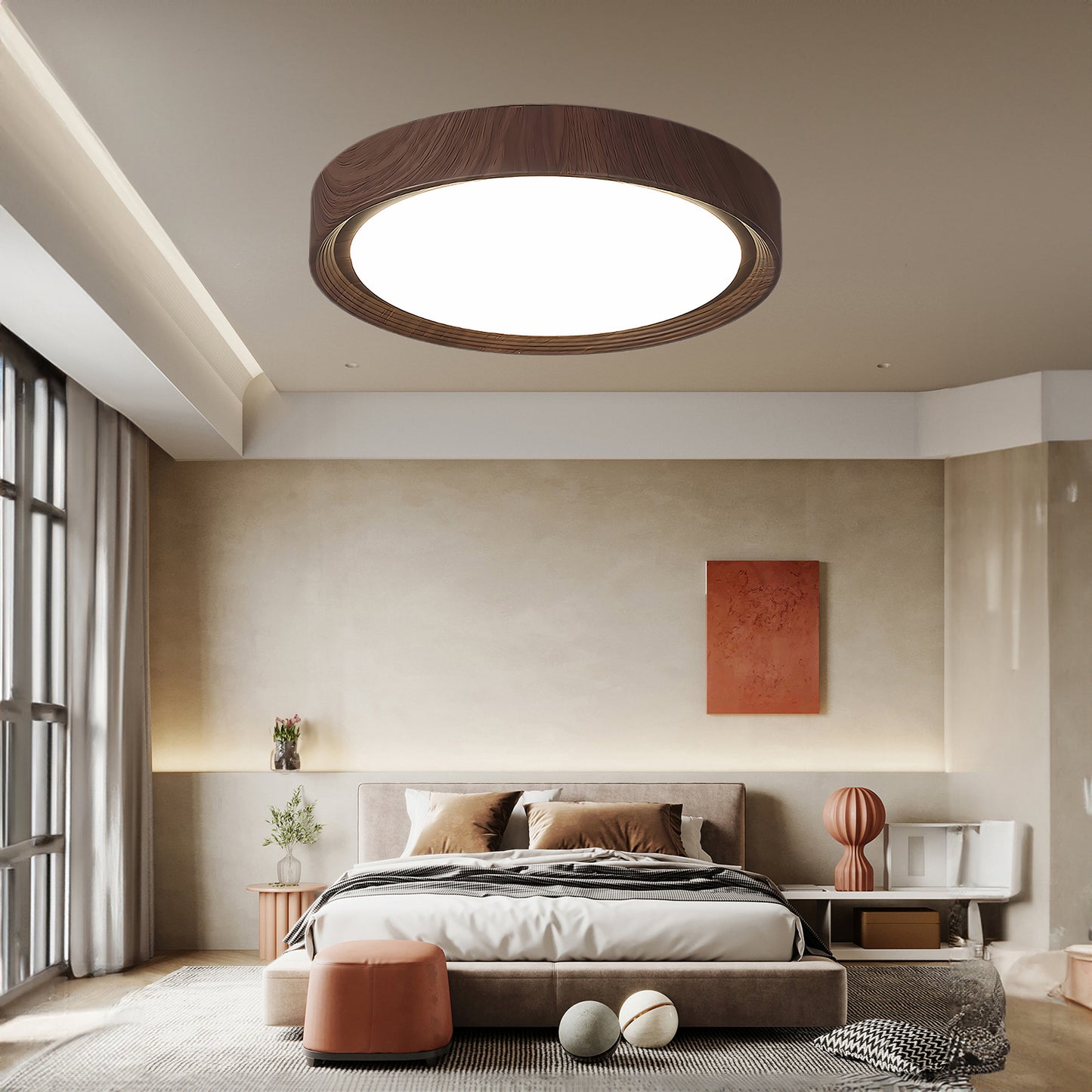 Wood Grain Round Eclectic Metal Ceiling Lamp