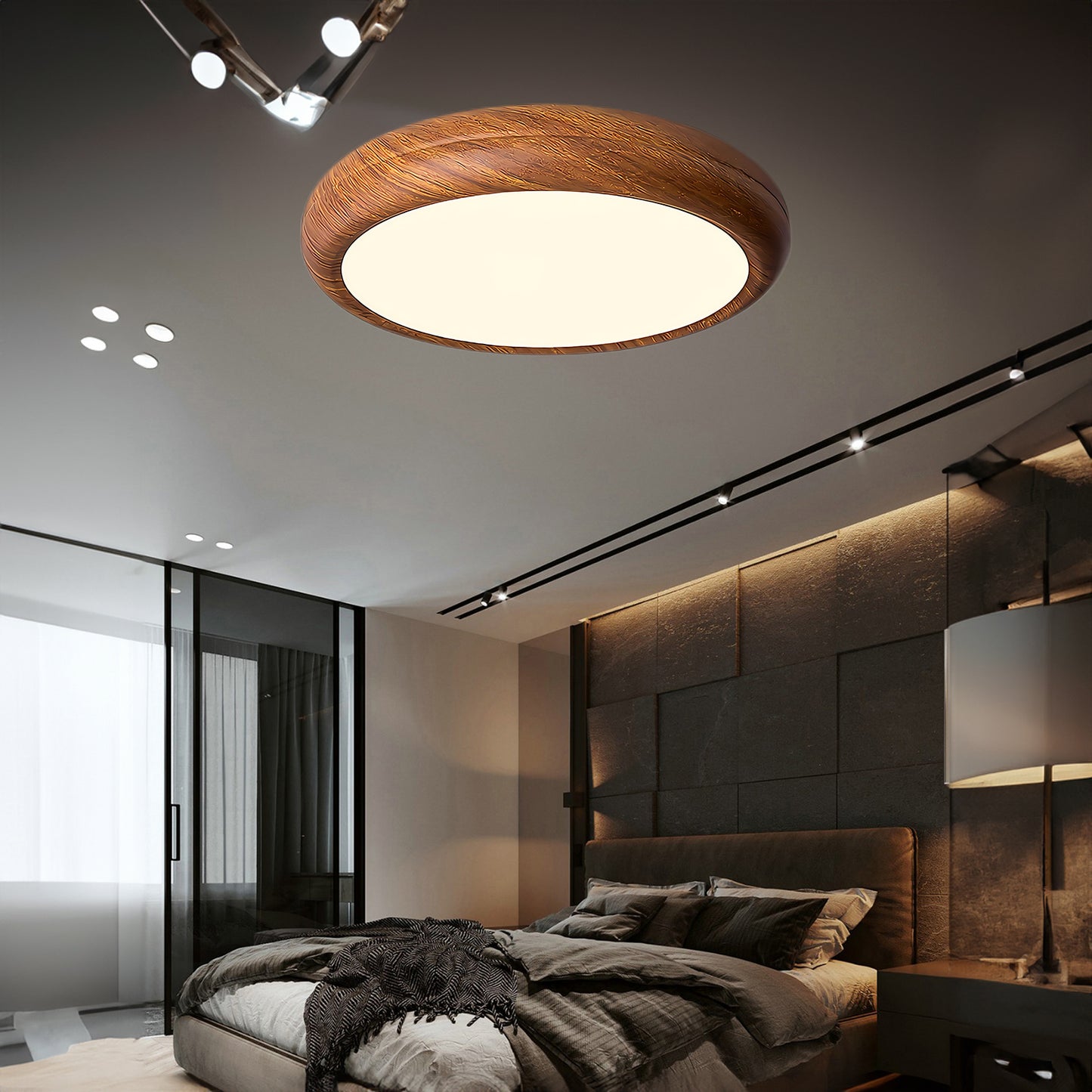 Wood Grain Round Eclectic Metal Ceiling Lamp