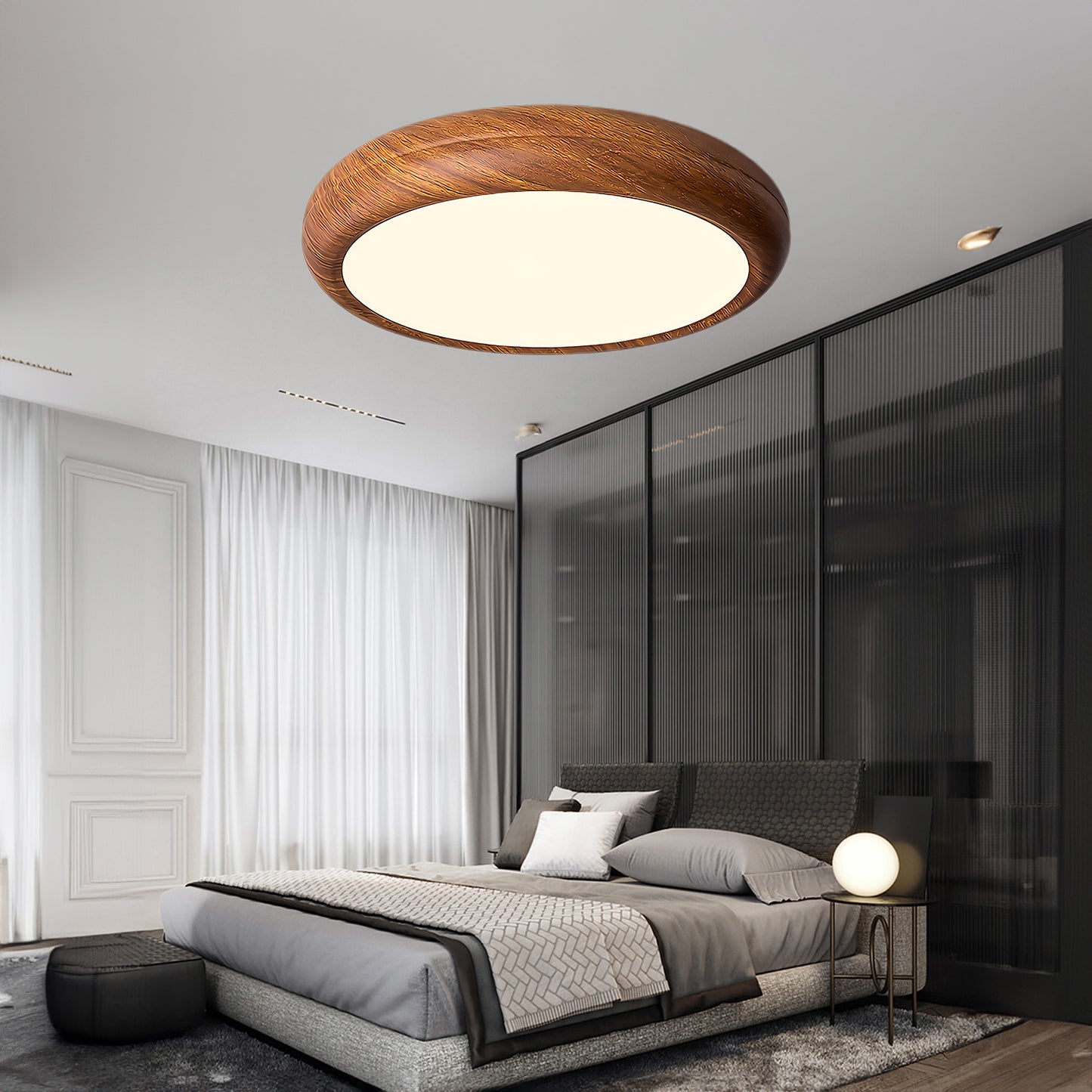 Wood Grain Round Eclectic Metal Ceiling Lamp