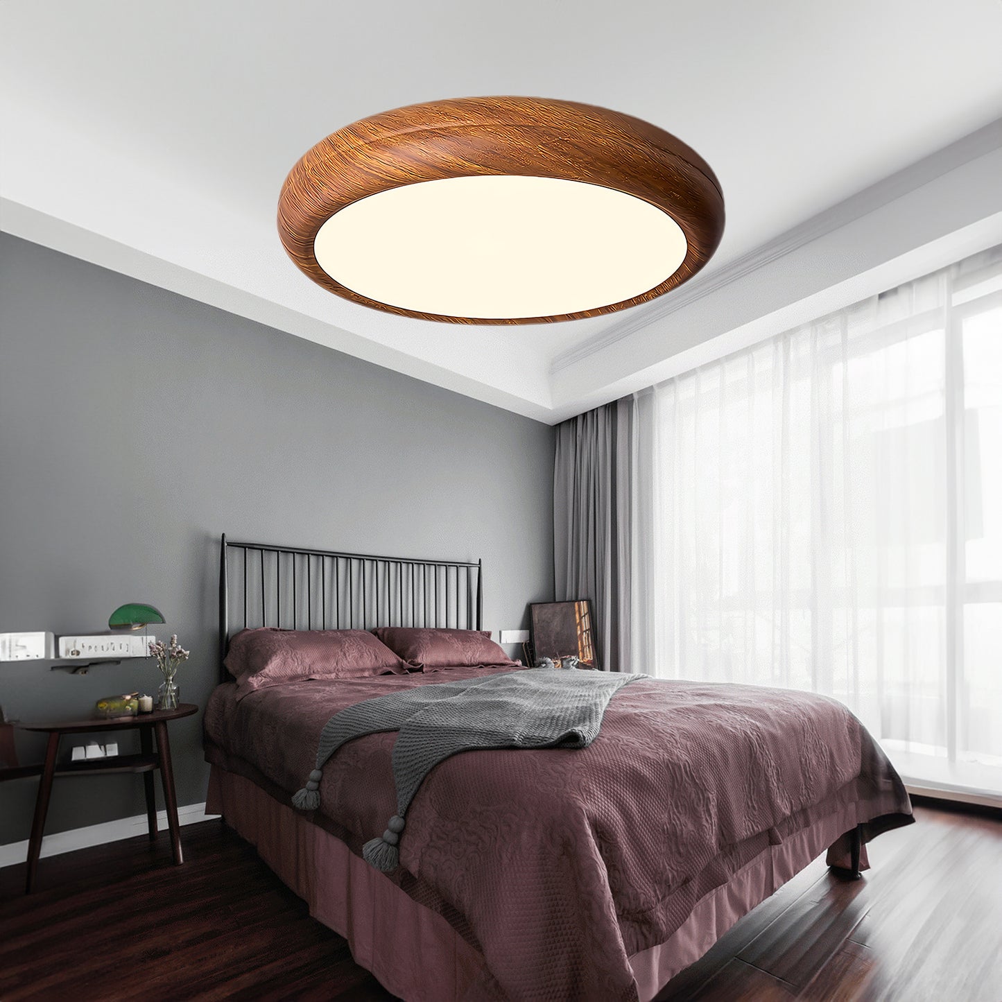 Wood Grain Round Eclectic Metal Ceiling Lamp