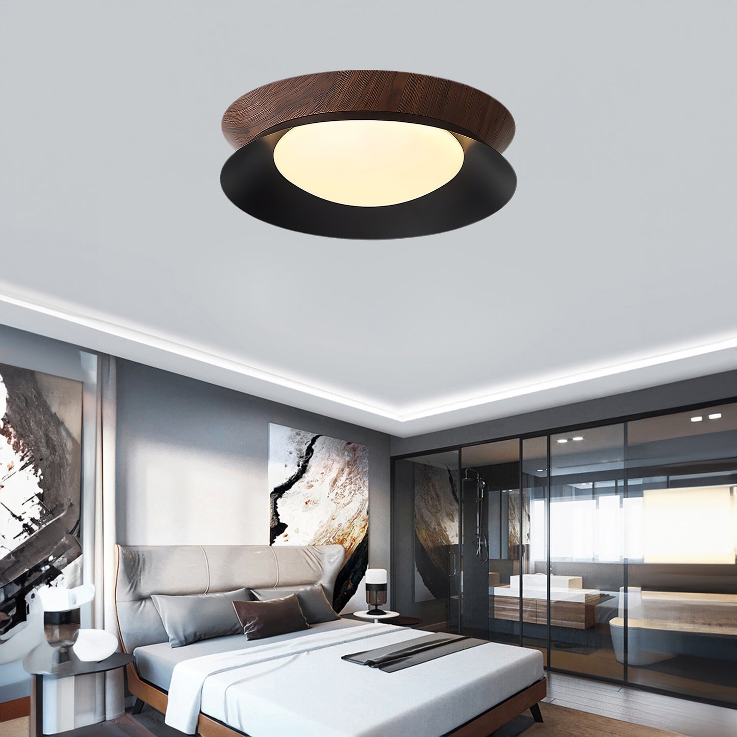 Wood Grain Round Eclectic Metal Ceiling Light